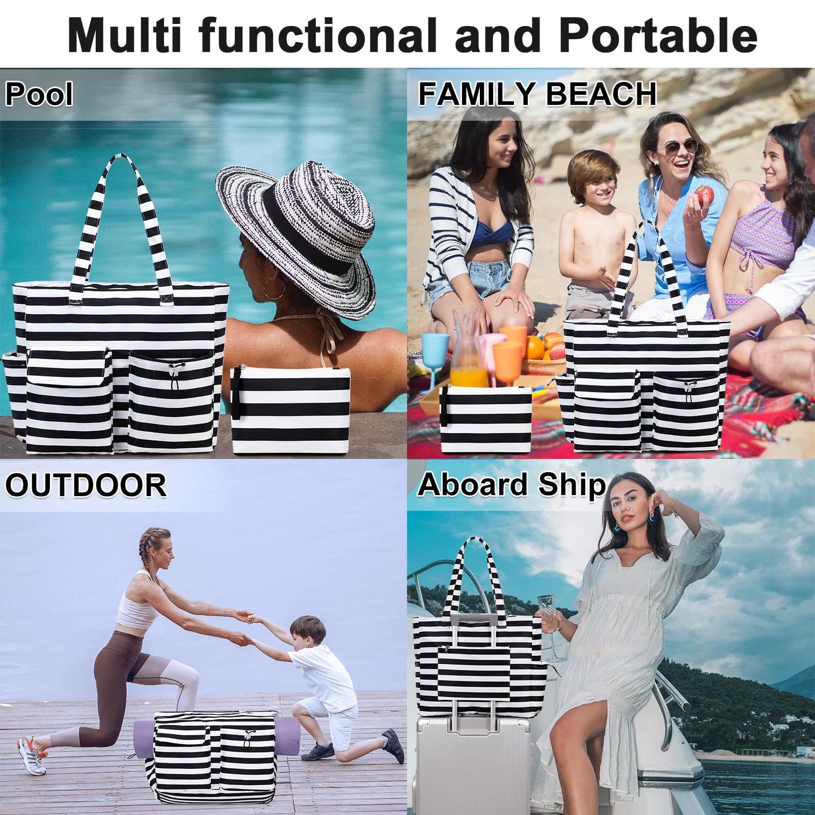 LEDAOU Large Waterproof Beach Tote Bag for Women - Sandproof Zippered Pool & Gym Bag with Wet Pocket - Perfect for Travel, Grocery Shopping & Beach Outings