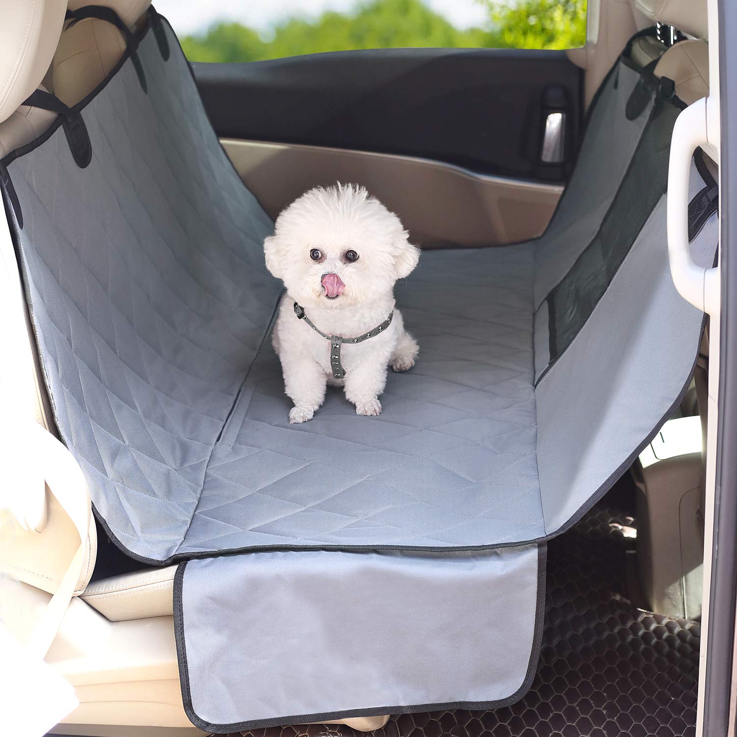 VIVAGLORY Dog Car Seat Cover - Waterproof Pet Hammock with Side Flaps & Mesh Window | Quilted Durable Backseat Protector for Cars, SUVs & Trucks | Universal Fit | Grey | Perfect for Road Trips & Daily Pet Transportation