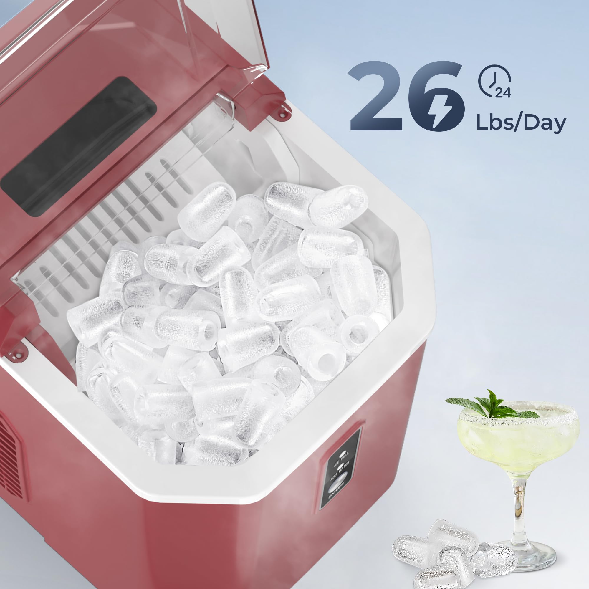 EUHOMY Portable Countertop Ice Maker - 9 Ice Cubes in 6 Minutes, 26lbs Daily Output, Self-Cleaning with Ice Scoop & Basket, Compact Ice Machine for Home, Kitchen, Office, RV, Camping & Parties (Red)