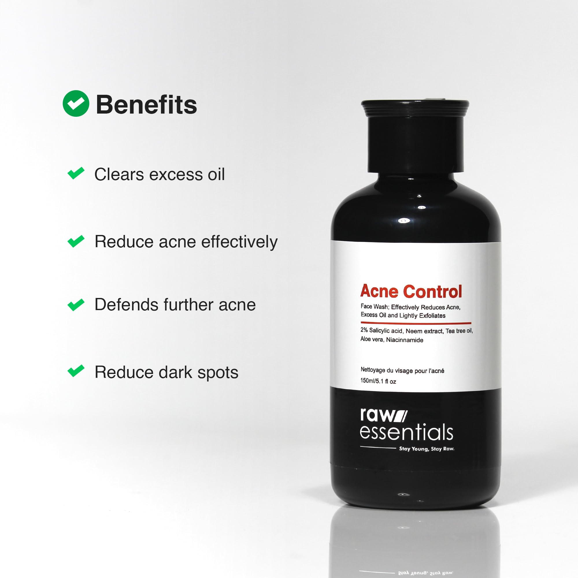 Raw Essentials Acne Control Face Wash with 2% Salicylic Acid, Niacinamide & Natural Extracts - Tea Tree Oil, Neem Leaf & Aloe Vera for Oily & Acne-Prone Skin | 150ml Sulfate-Free, Paraben-Free Cleanser for Men & Women | Daily Deep Cleansing for Clear, Healthy Skin