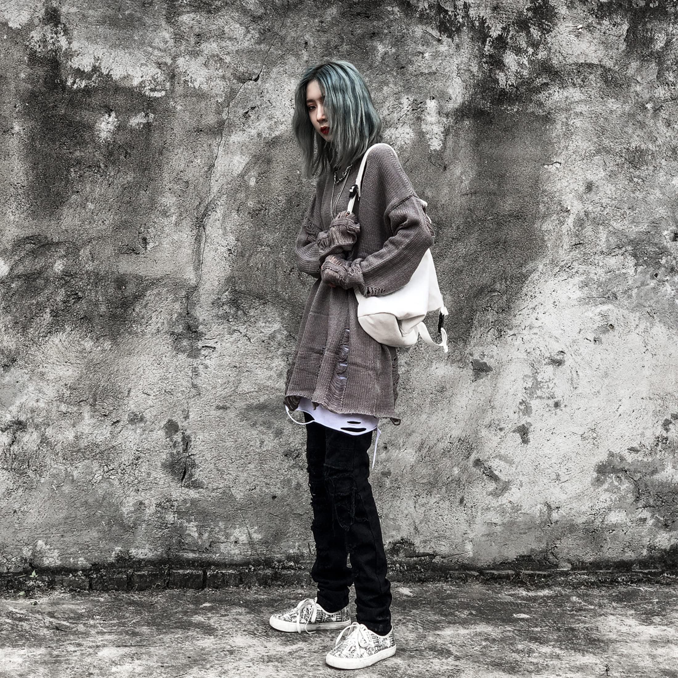 Gothic Punk Sweater for Women - Oversized Loose Knit Pullover with Ripped Striped Design | Alternative Fashion, Grunge Style, Casual Winter Wear