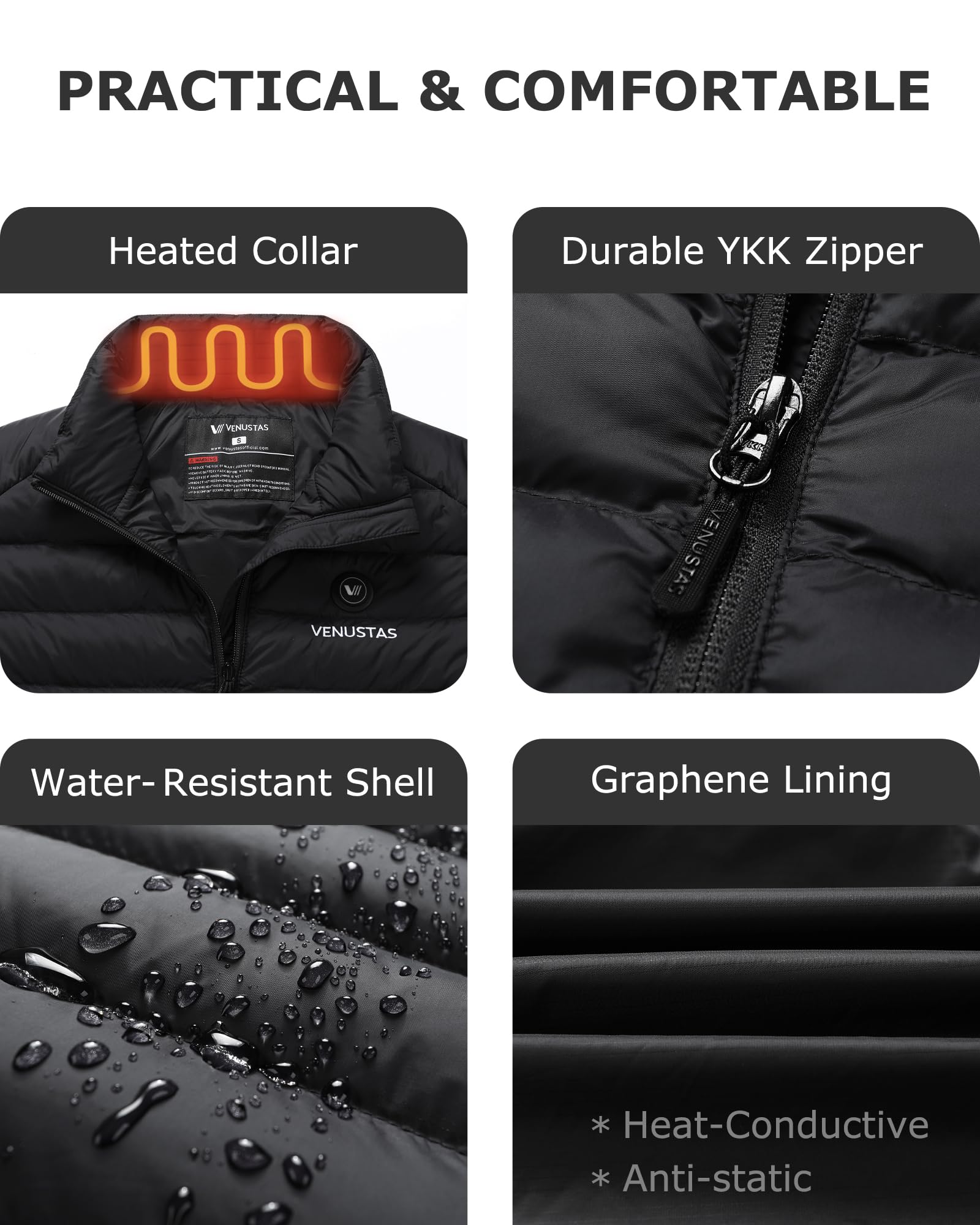 Venustas Men's Lightweight Heated Jacket with Rechargeable Battery - 6-Zone Electric Puffer Winter Coat for Outdoor Camping, Hiking, Skiing & Cold Weather Activities - Windproof & Water-Resistant Thermal Jacket for Men