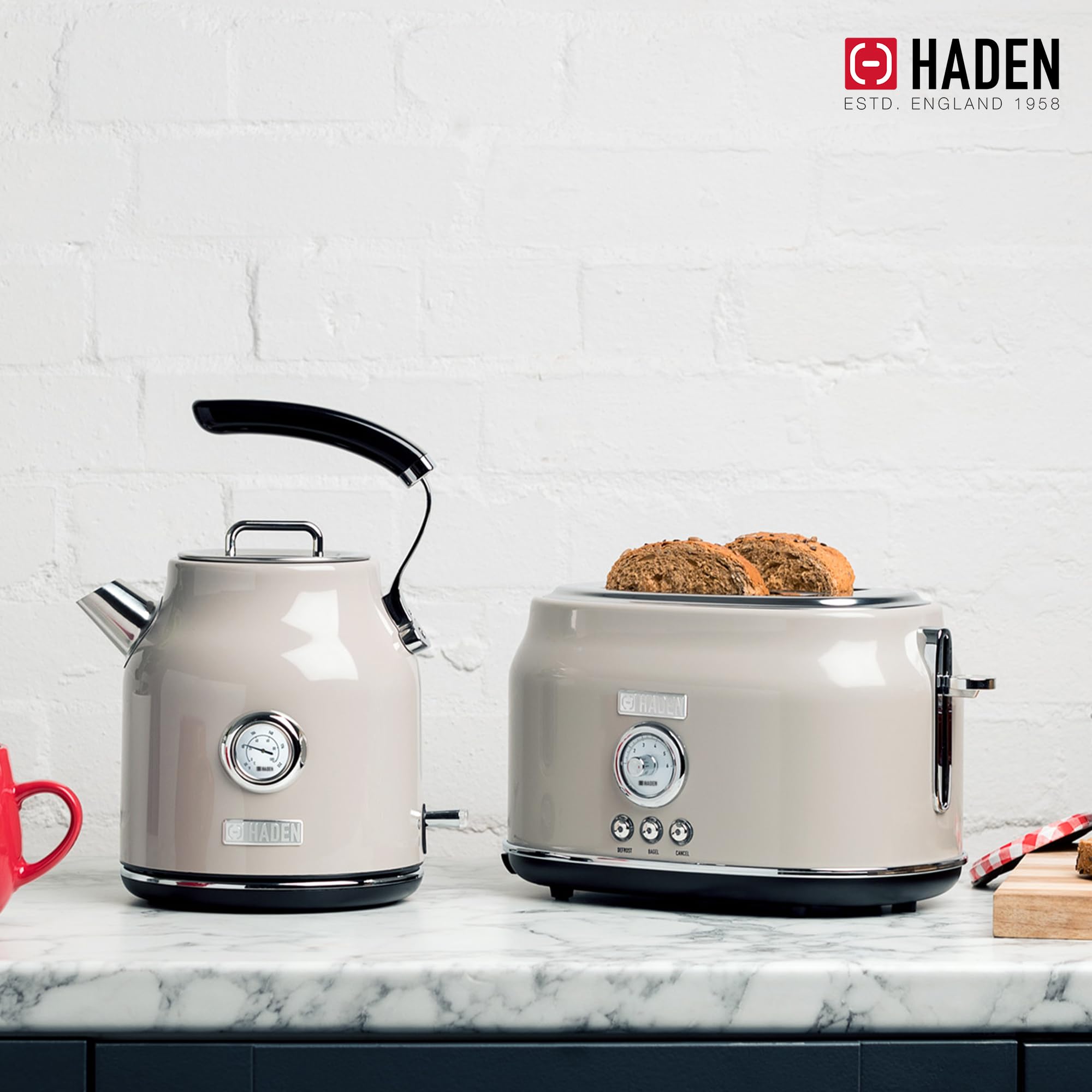Haden Dorset 2 Slice Wide Slot Stainless Steel Toaster with 1.7L Electric Kettle Set - 360° Swivel Base, Putty & Chrome Finish | Perfect for Breakfast, Office, Dorm Room & Small Kitchens