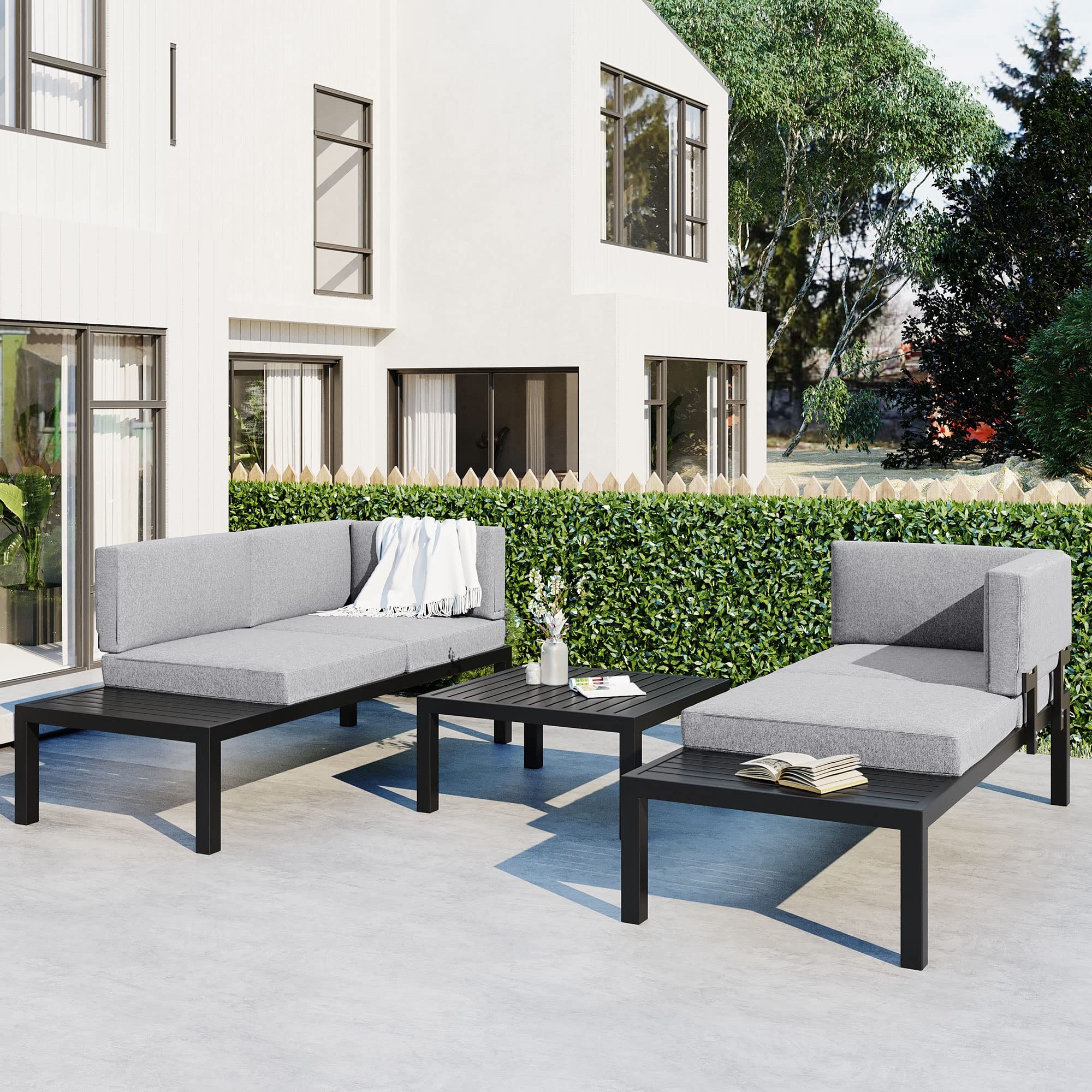 3-Piece Outdoor Patio Furniture Set - Aluminum Alloy Sectional Sofa with 2 Chairs, 5 Throw Pillows & Coffee Table - Weather-Resistant Black Frame & Gray Cushions for Backyard, Deck, Garden or Poolside Relaxation