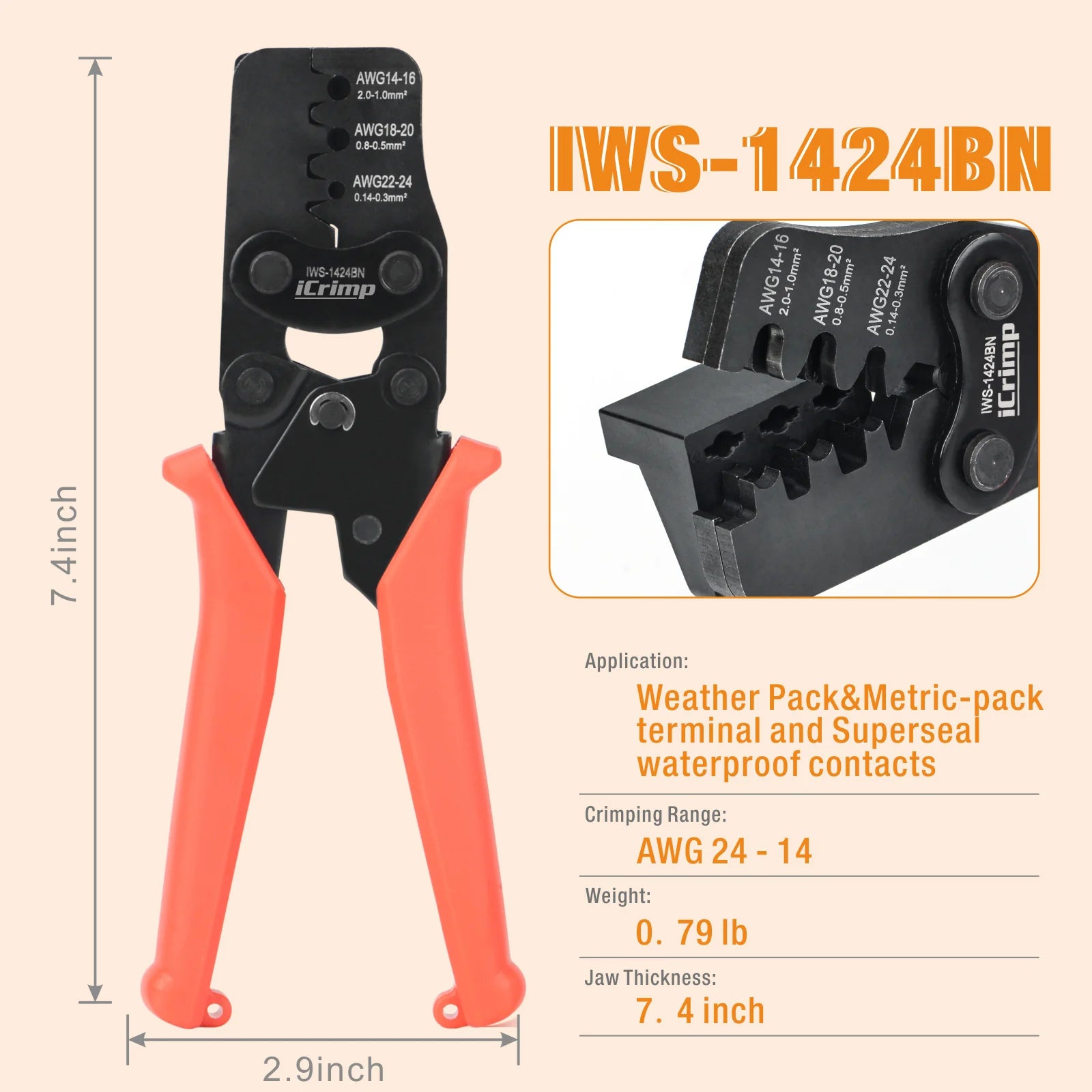 IWS 1424BN Professional Wire Crimper Tool for AWG 24-14 Gauge - Compatible with Delphi APTIV Weather Pack & Metri Pack Connectors - Perfect for Automotive, Marine & DIY Electrical Projects