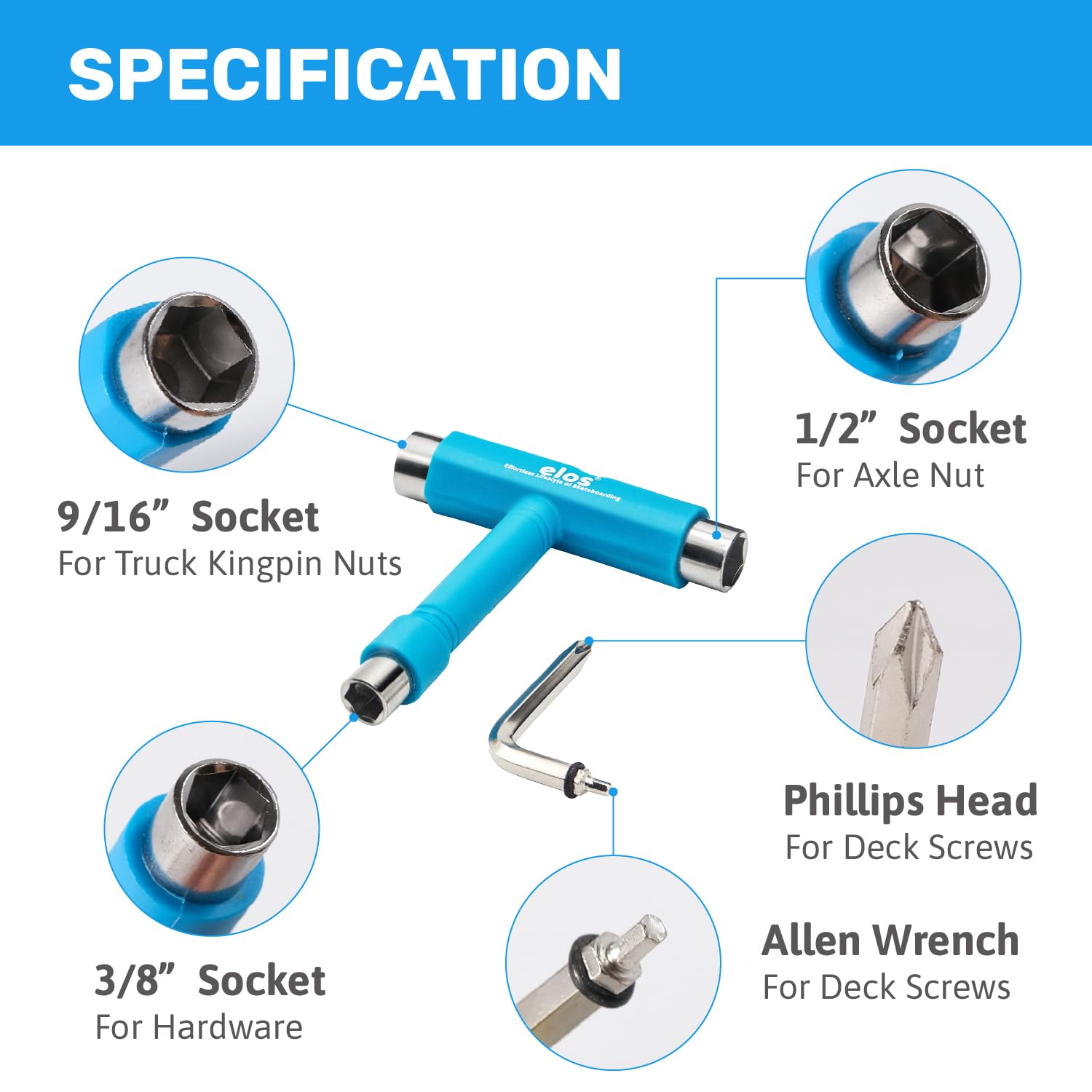 ELOS All-in-One Skate Tool for Skateboard, Longboard & Roller Skates - 4oz Multi-Function Hardware Kit with Allen Key & Phillips Head Wrench - Perfect for Adjusting Trucks, Wheels & Bearings On The Go