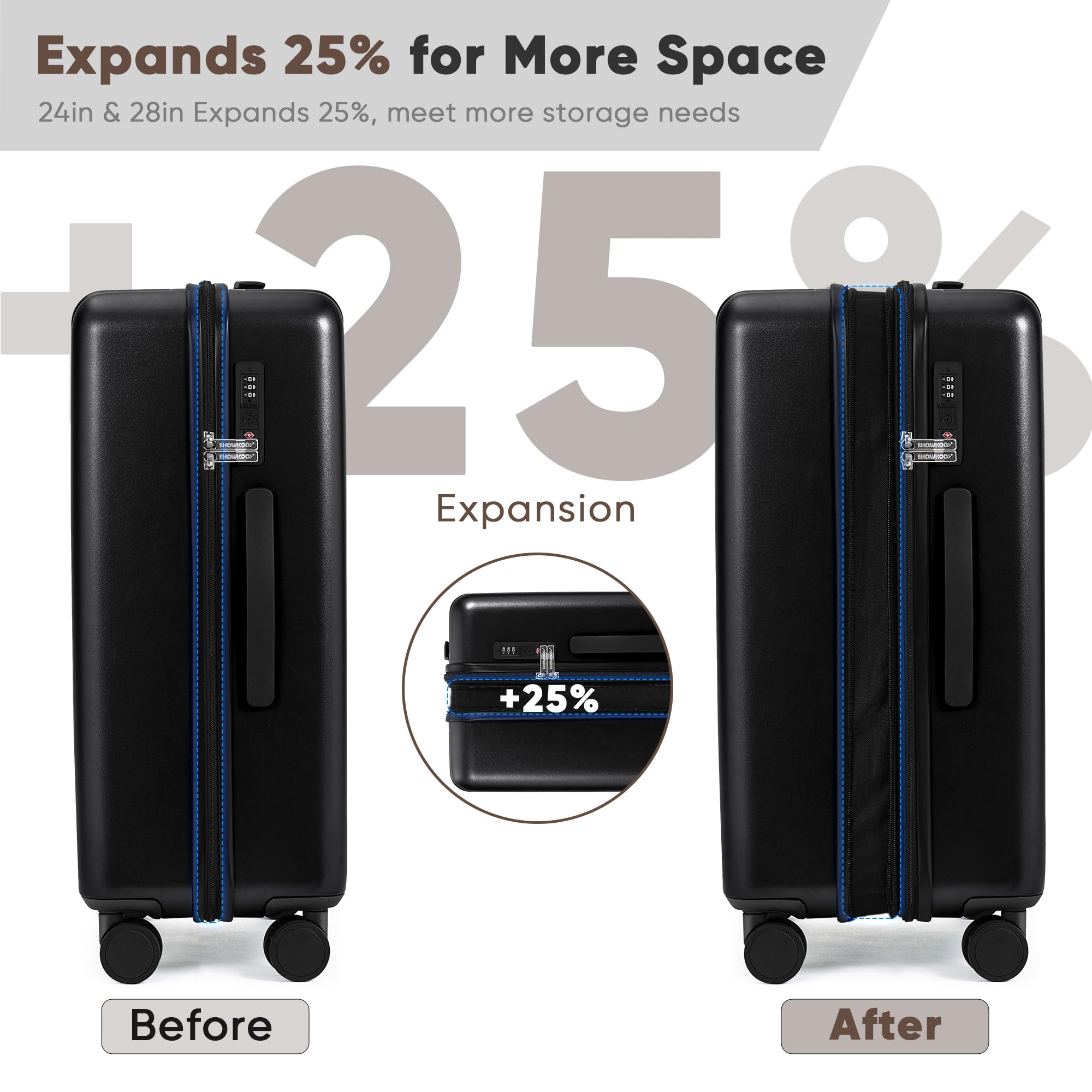 SHOWKOO 3-Piece Hardside Luggage Set - 100% Polycarbonate Ultra Durable Expandable Suitcases with TSA Lock & 360° Spinner Wheels (20in, 24in, 28in, Black) - Perfect for International Travel, Family Vacations & Business Trips