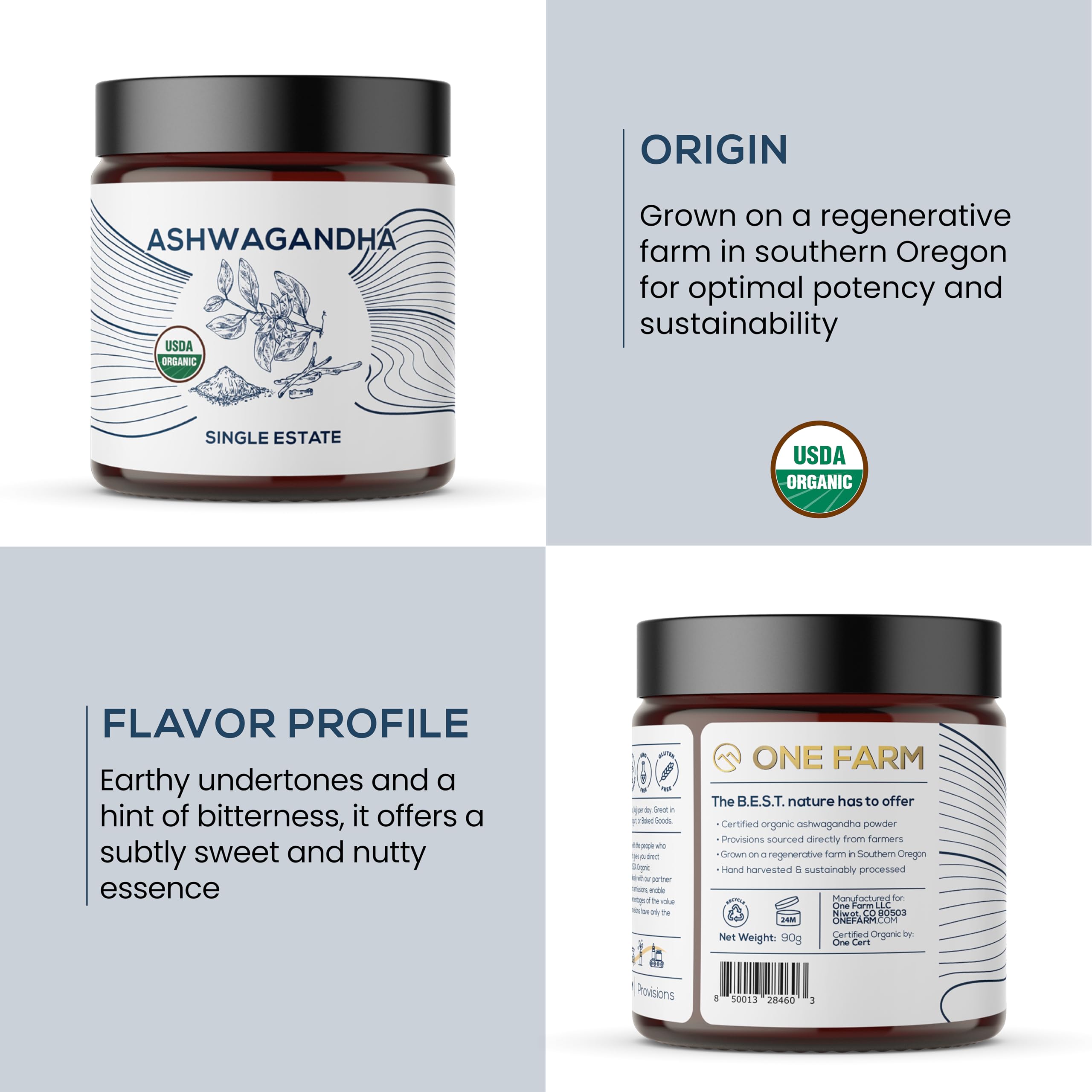 Organic Ashwagandha Powder - Non-GMO, Fair-Trade, Vegan & Gluten-Free Adaptogenic Herbal Supplement | Single Origin Grown in Oregon | Resealable Jar for Stress Relief, Energy Boost & Better Sleep