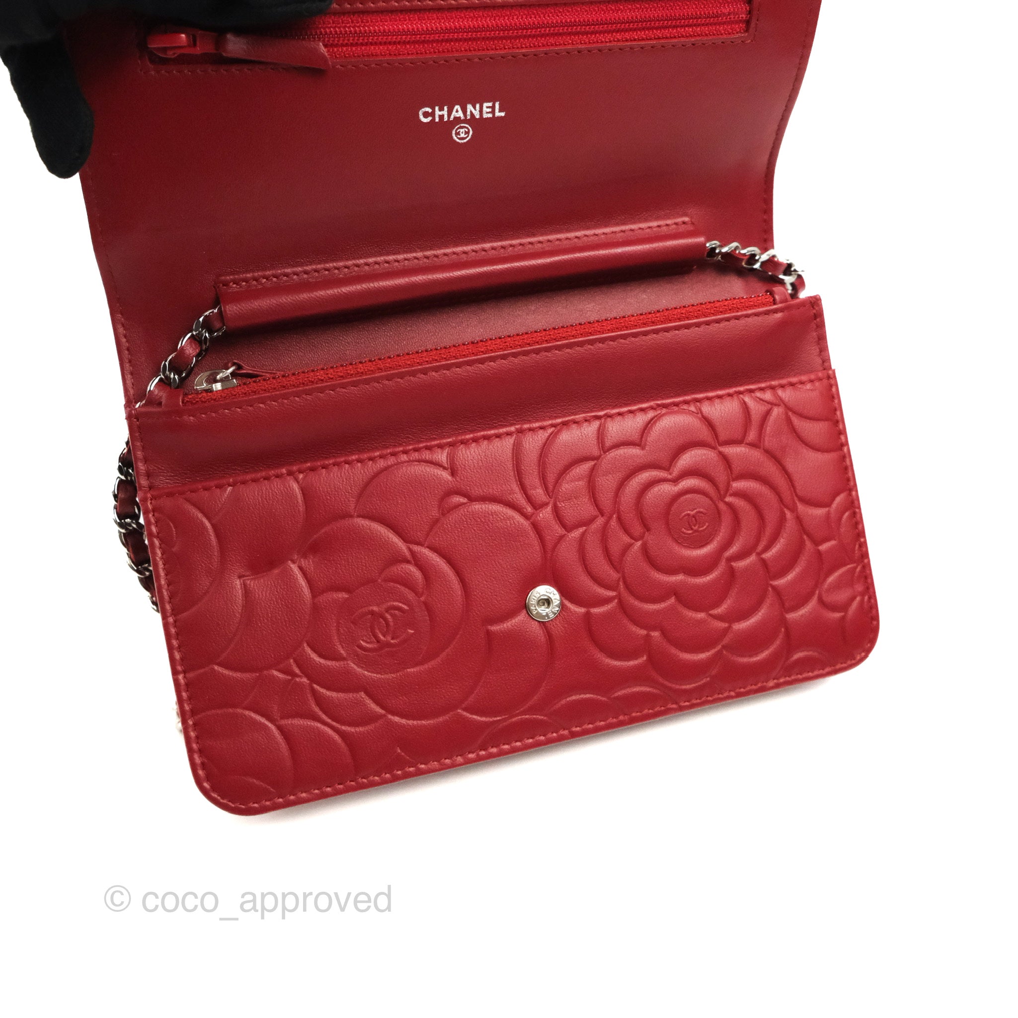 Chanel Camellia Embossed Wallet on Chain WOC in Red Lambskin with Silver Hardware - Luxury Crossbody Bag for Women, Perfect for Evening Events & Date Nights