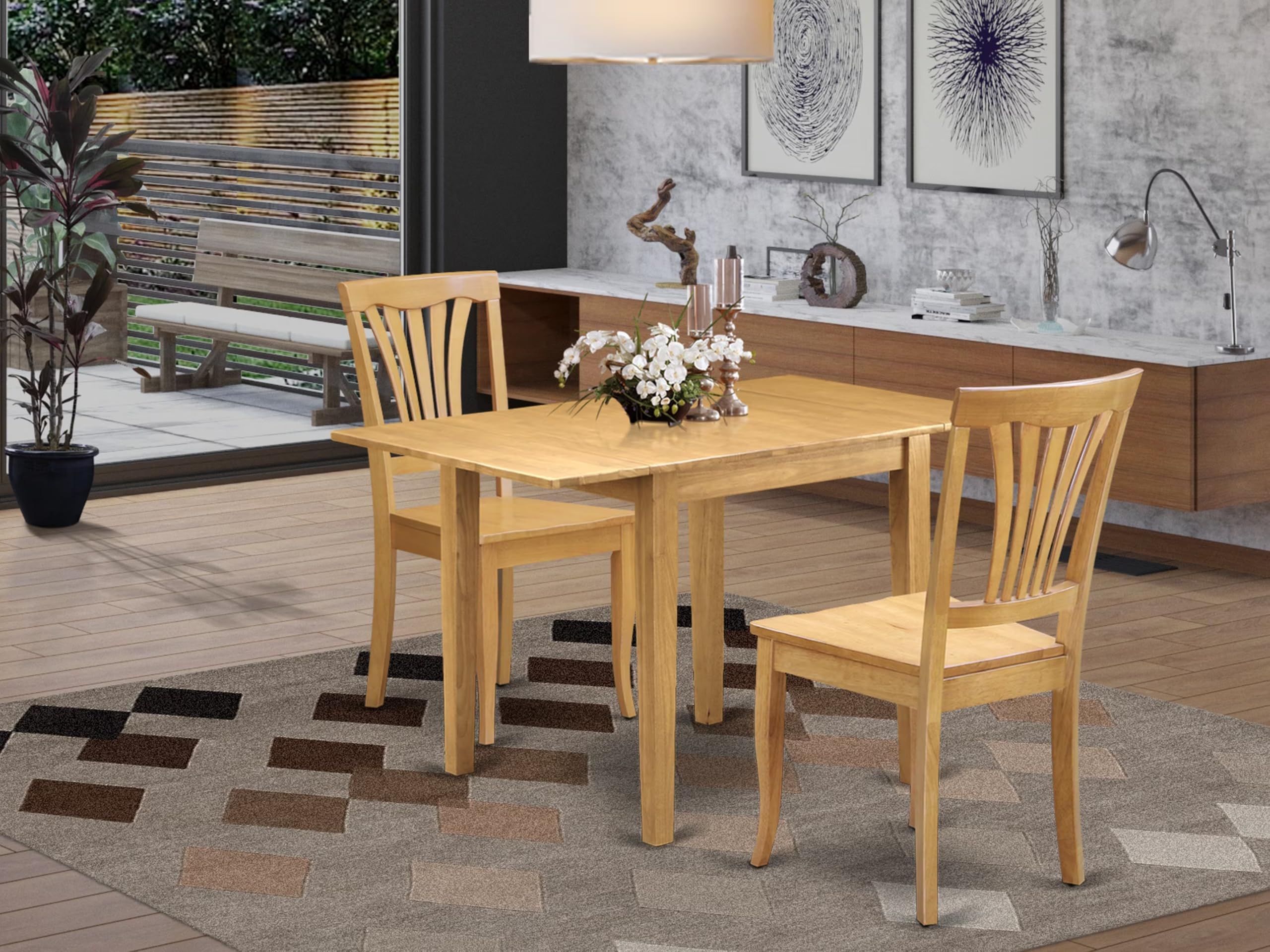 East West Furniture 3-Piece Kitchen Table & Chairs Set - 30x48 Inch Oak Drop Leaf Dining Table with 2 Matching Chairs | Perfect for Small Spaces, Breakfast Nooks & Cozy Apartments