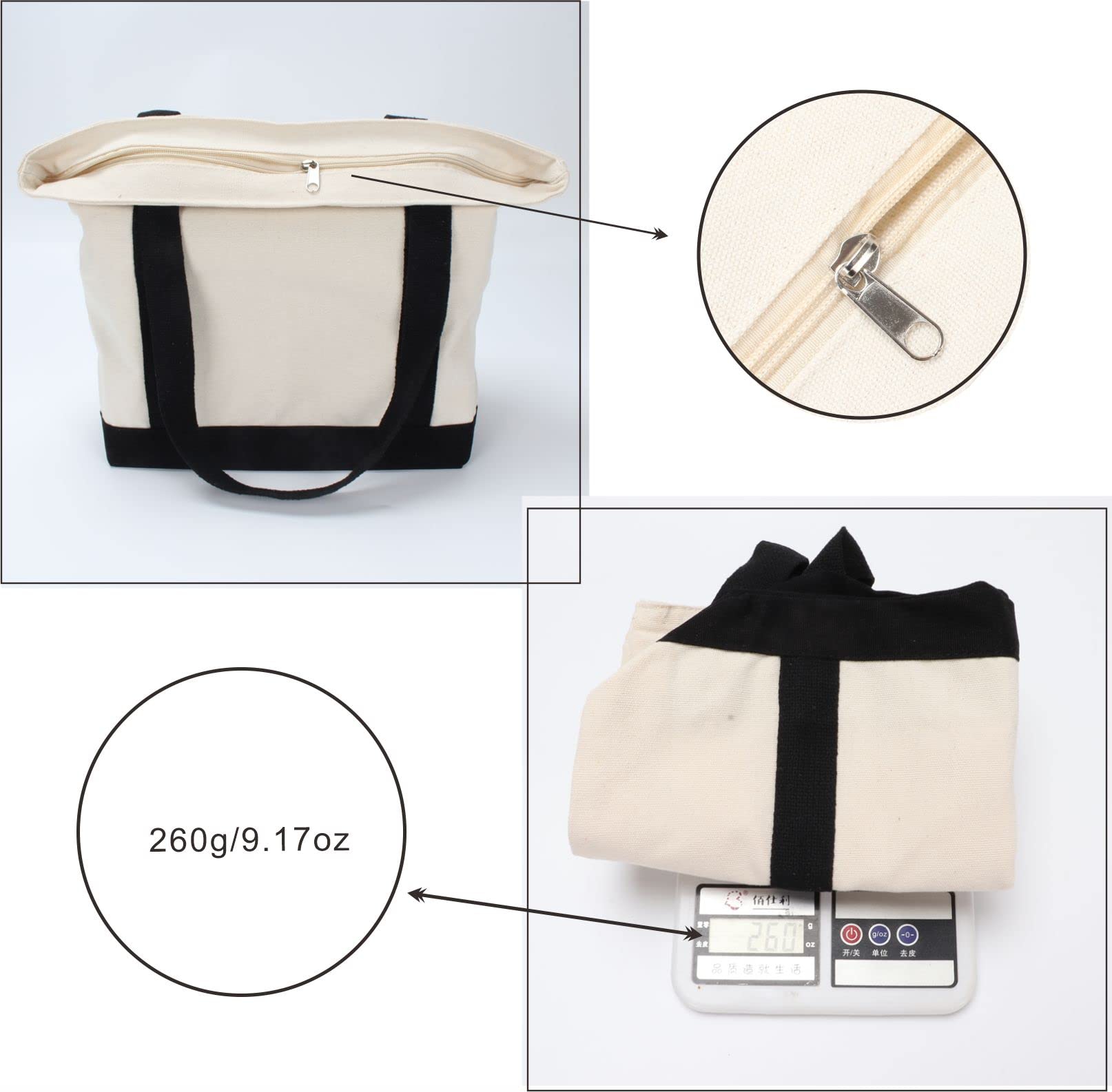 Heavy Duty Canvas Tote Bags - 3 Pack Zippered Reusable Grocery Shopping Bags, 16.5