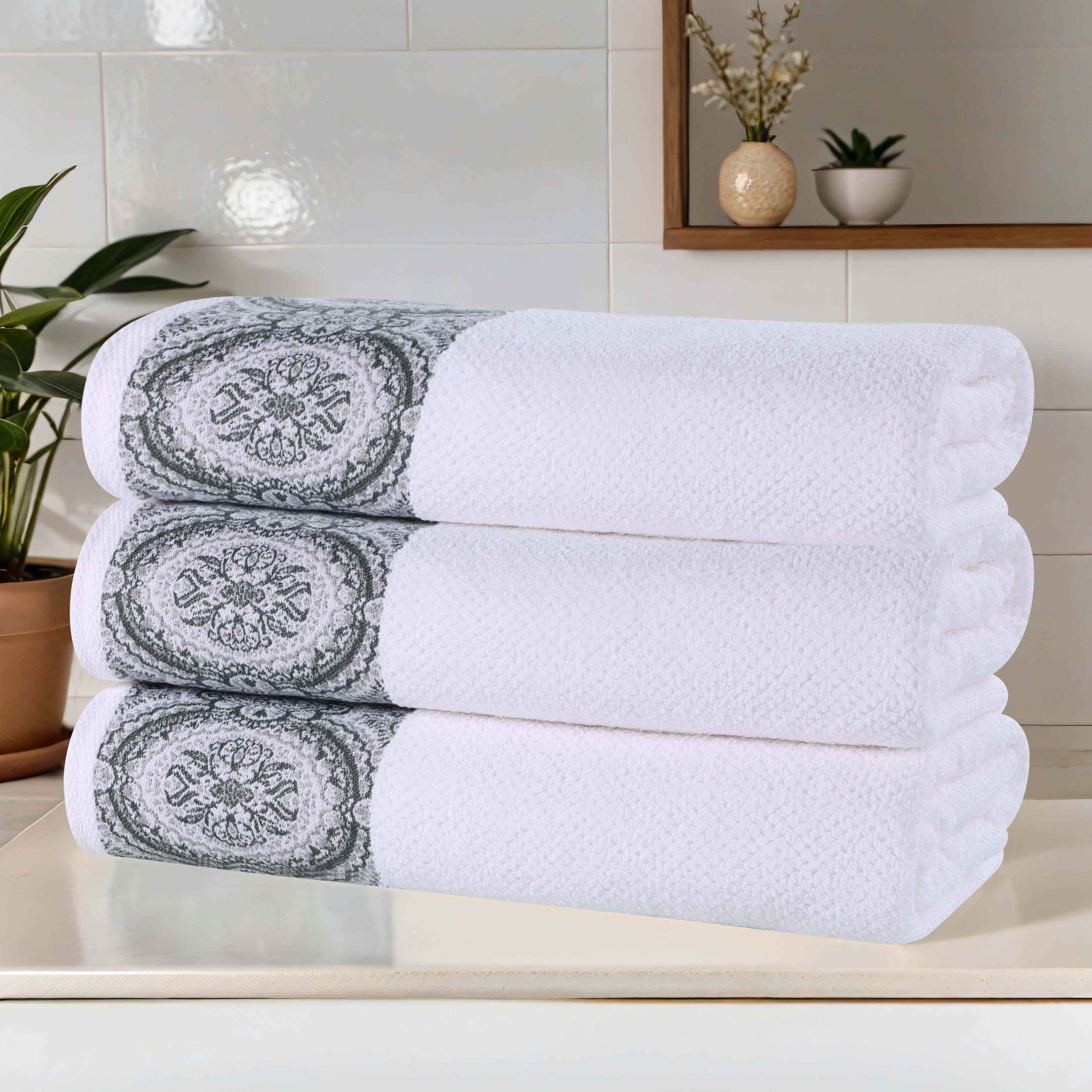 Premium Medallion Cotton Jacquard Bath Towels Set of 3 - Ultra Soft & Absorbent Luxury Towels for Spa, Bathroom & Beach Use