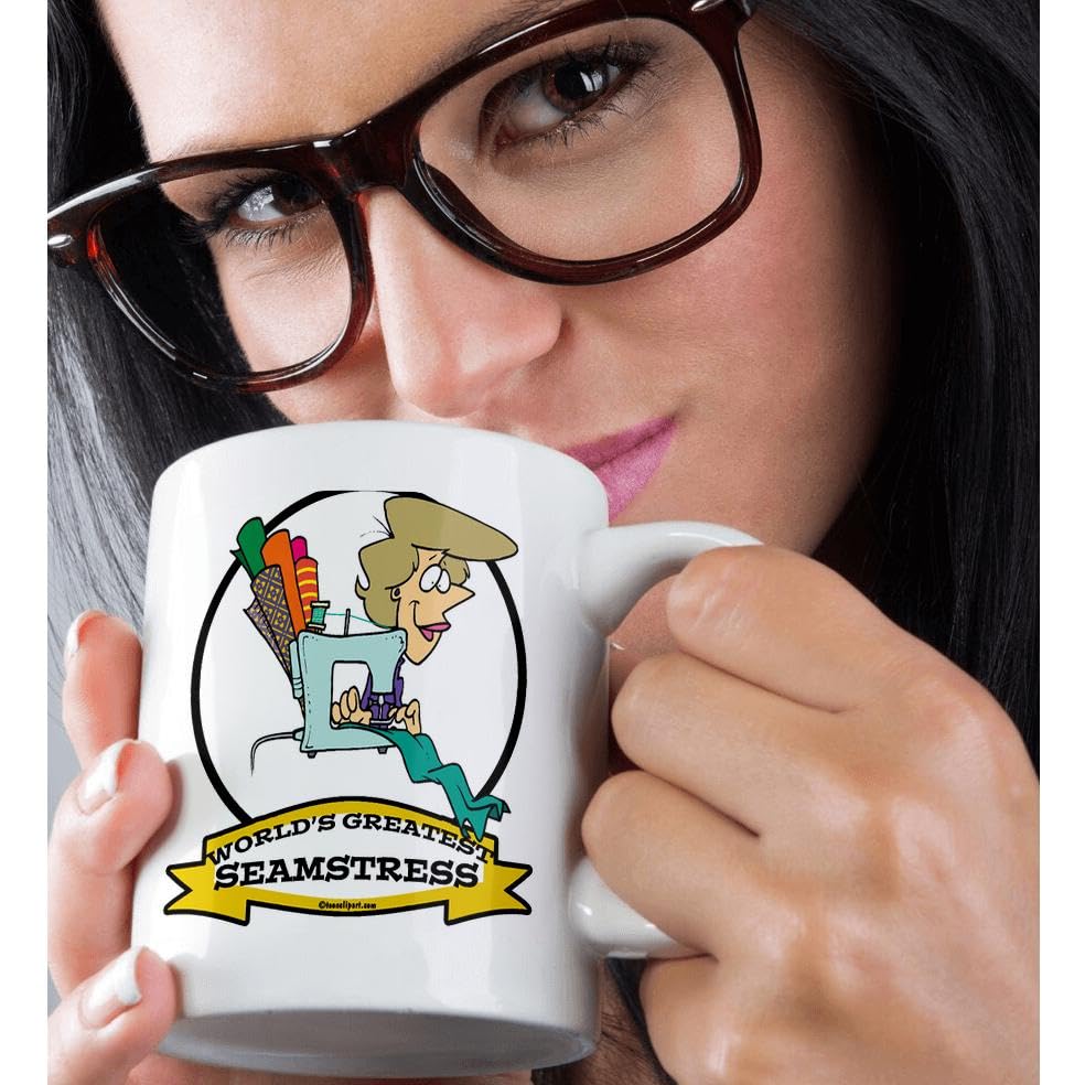 Funny Worlds Greatest Seamstress II Cartoon Coffee Mug - 15oz Ceramic Cup for Coffee, Tea & Hot Drinks - Perfect Gift for Tailors, Sewing Enthusiasts & Office Workers