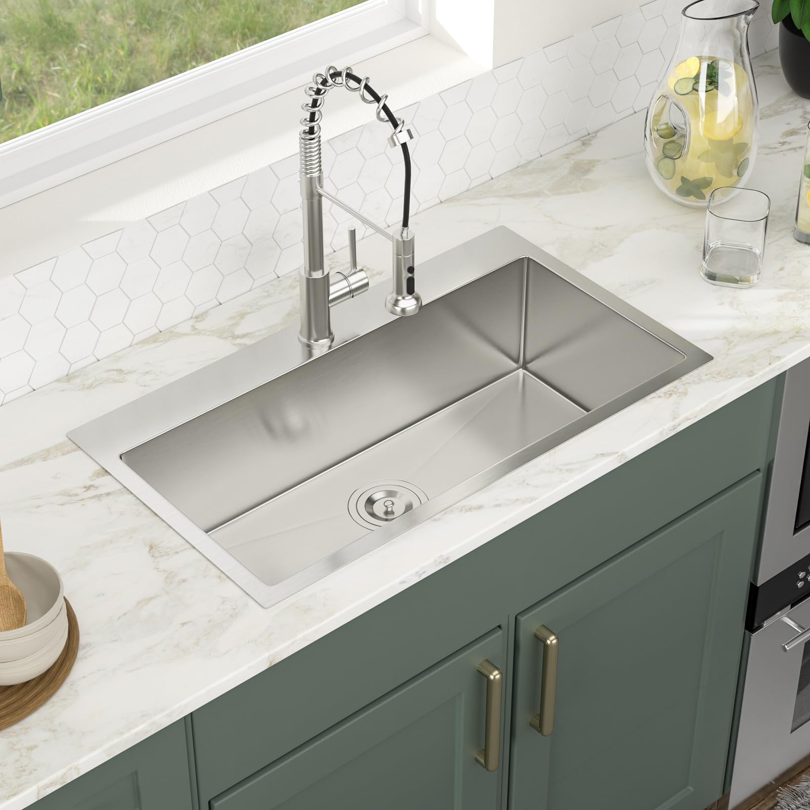 Logmey 32x18 Inch Drop-In Topmount Stainless Steel Kitchen Sink - 16 Gauge Handmade Single Bowl Sink Basin (32x18x9 Inches) for Modern Home Kitchen & Restaurant Use