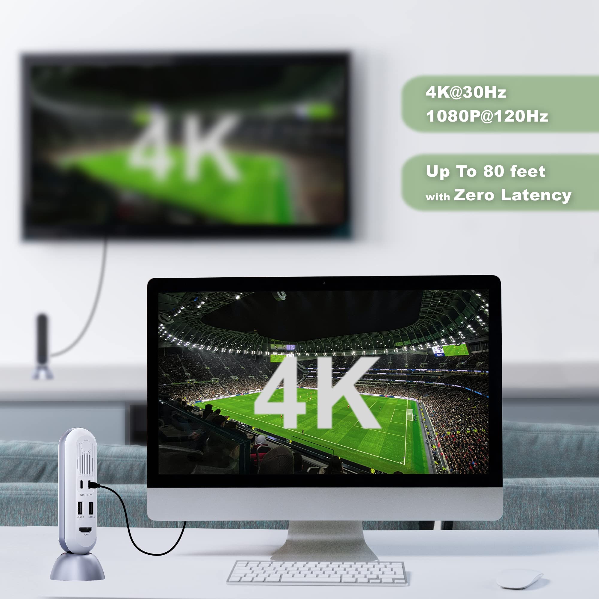 J-Tech Digital 4K Wireless HDMI Extender Kit - USB-C Transmitter & Receiver for 4K 30Hz & 1080p 120Hz, 80ft Range, Zero Latency, Fast Charging - Perfect for Home Theater, Gaming & Office Presentations [JTECH-W6]