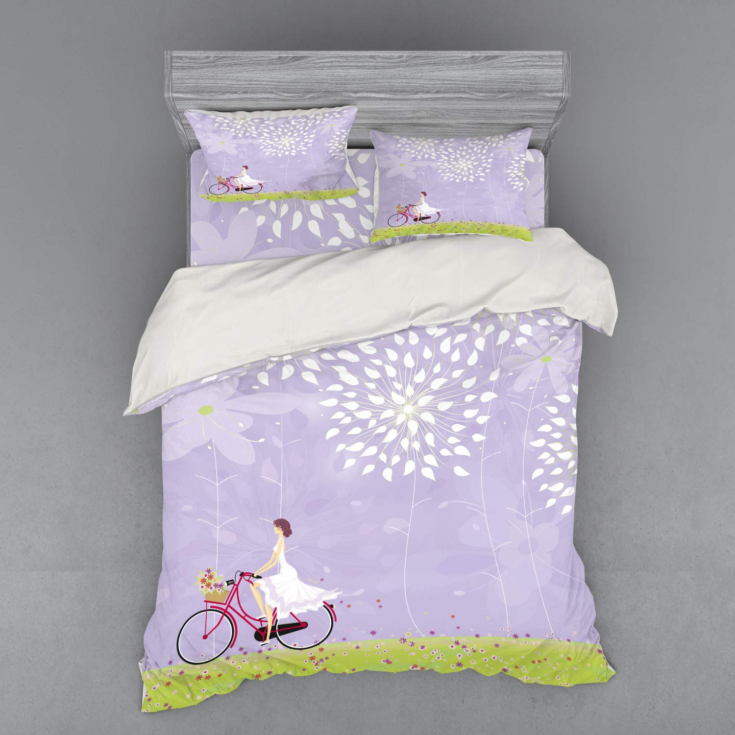 Ambesonne Cartoon Duvet Cover Set - Queen Size 4-Piece Bedding with Shams & Fitted Sheet, Girl Riding Bike in Windy Garden Artwork, Lavender Apple Green White - Perfect for Kids' Rooms, Teen Bedrooms & Whimsical Home Decor