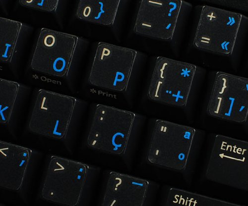 Portuguese Keyboard Stickers - Blue Letters on Clear Background for Easy Typing