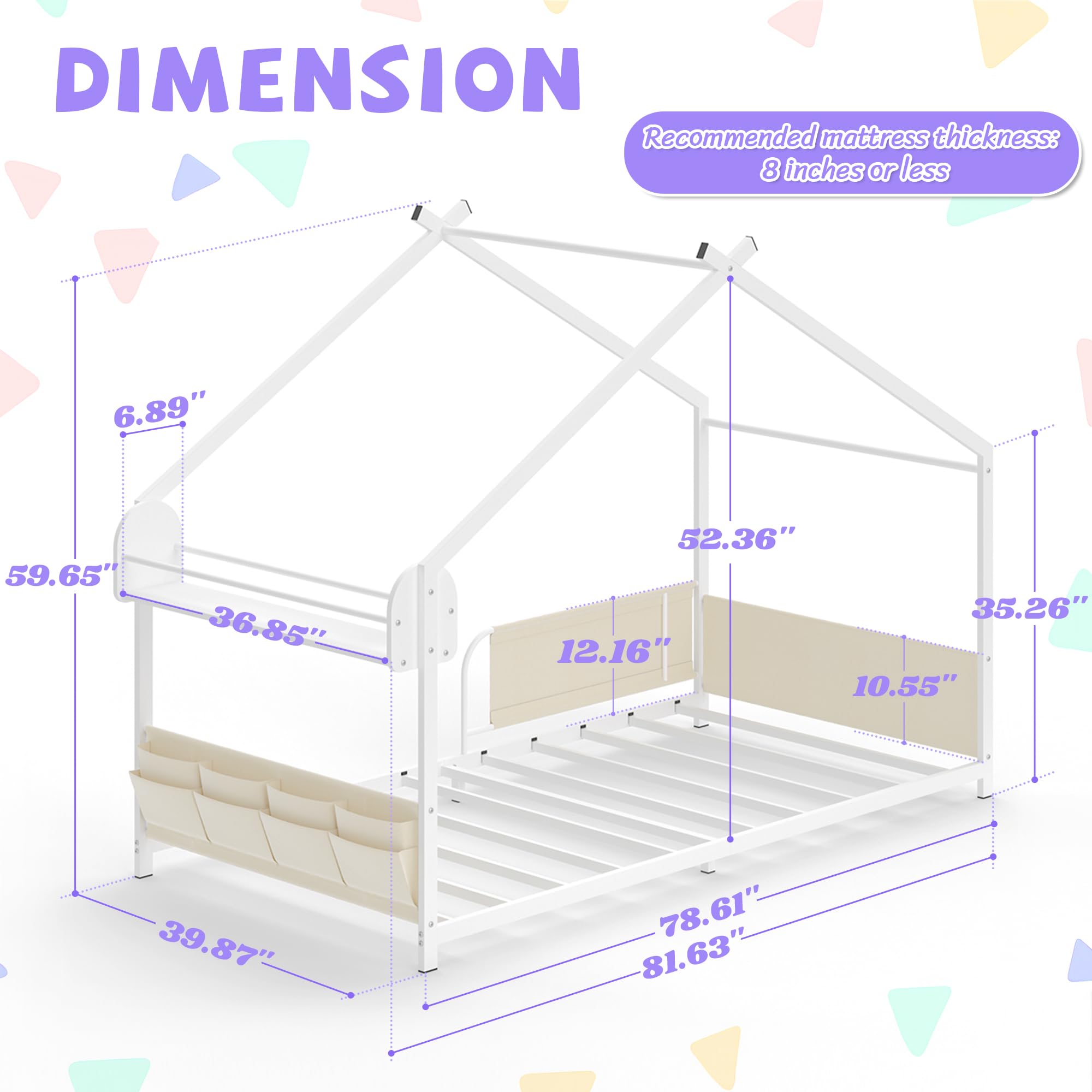 Timy House Twin Size Montessori Metal Floor Bed with Storage Rack & Caddy - No Box Spring Needed White Kids Bed Frame - Perfect for Montessori Bedrooms, Small Spaces & Toddler Sleep Training