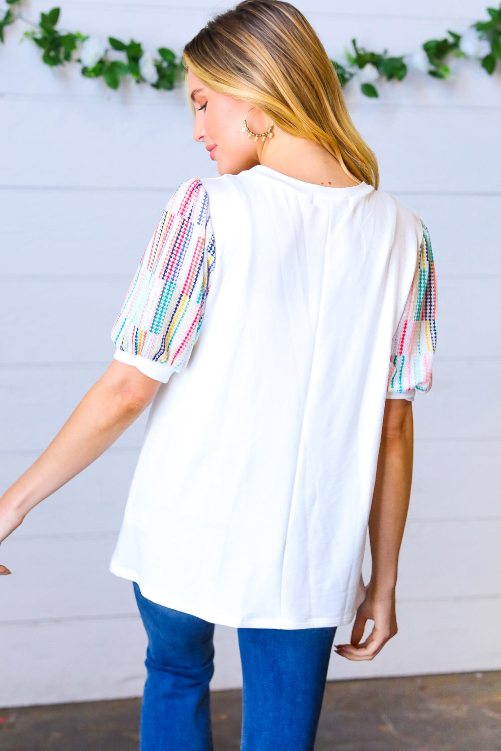 Ivory & Multicolor Vertical Stripe Puff Sleeve Blouse - Women's Fashion Tops for Casual Wear, Office & Date Night Outfits
