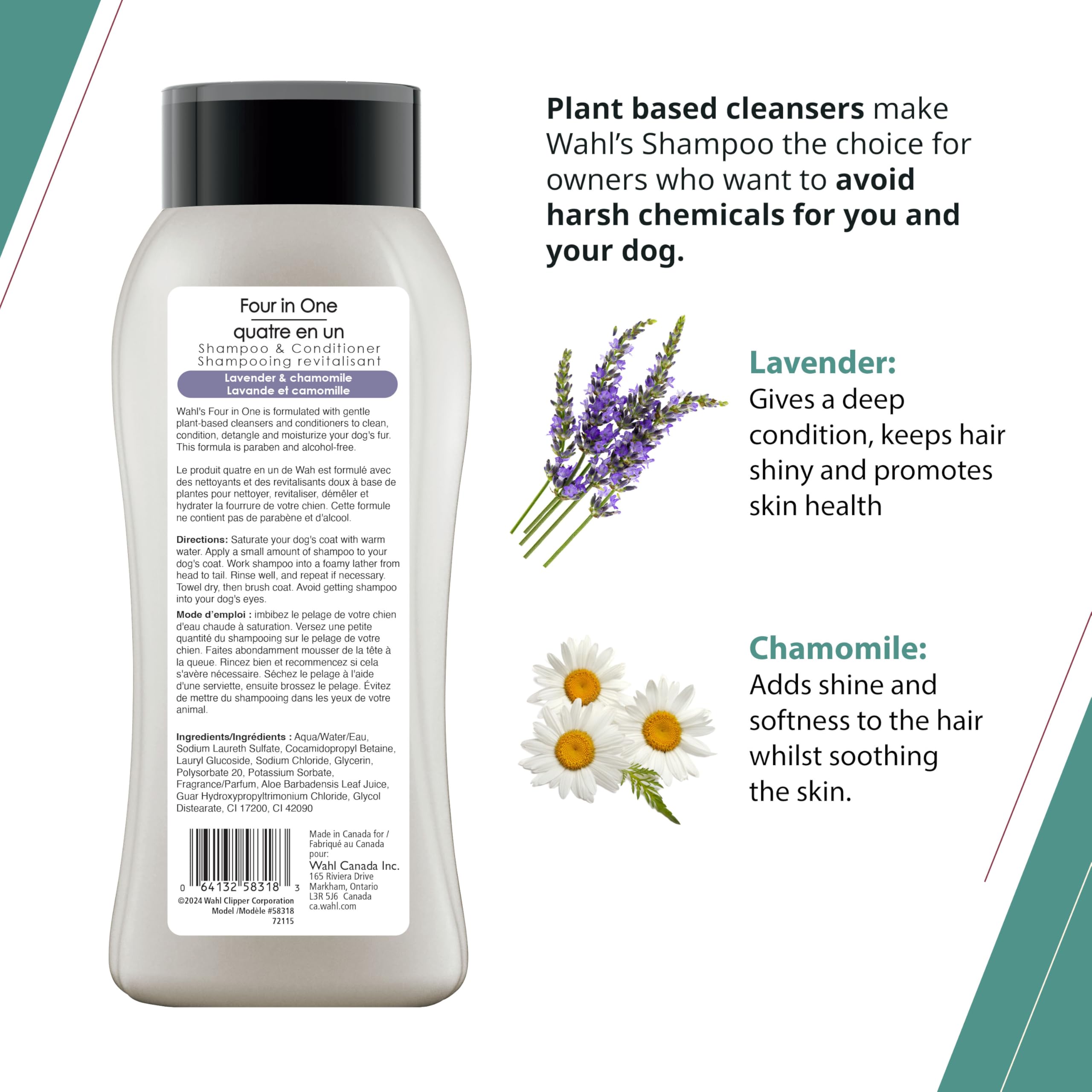 Wahl Canada 4-in-1 Dog Shampoo & Conditioner - Lavender Chamomile Scent, Plant-Based Formula for Cleaning, Conditioning, Detangling & Moisturizing | Paraben-Free, 700ml (Model 58318) | Made in Canada | Perfect for Bath Time & Grooming Sessions