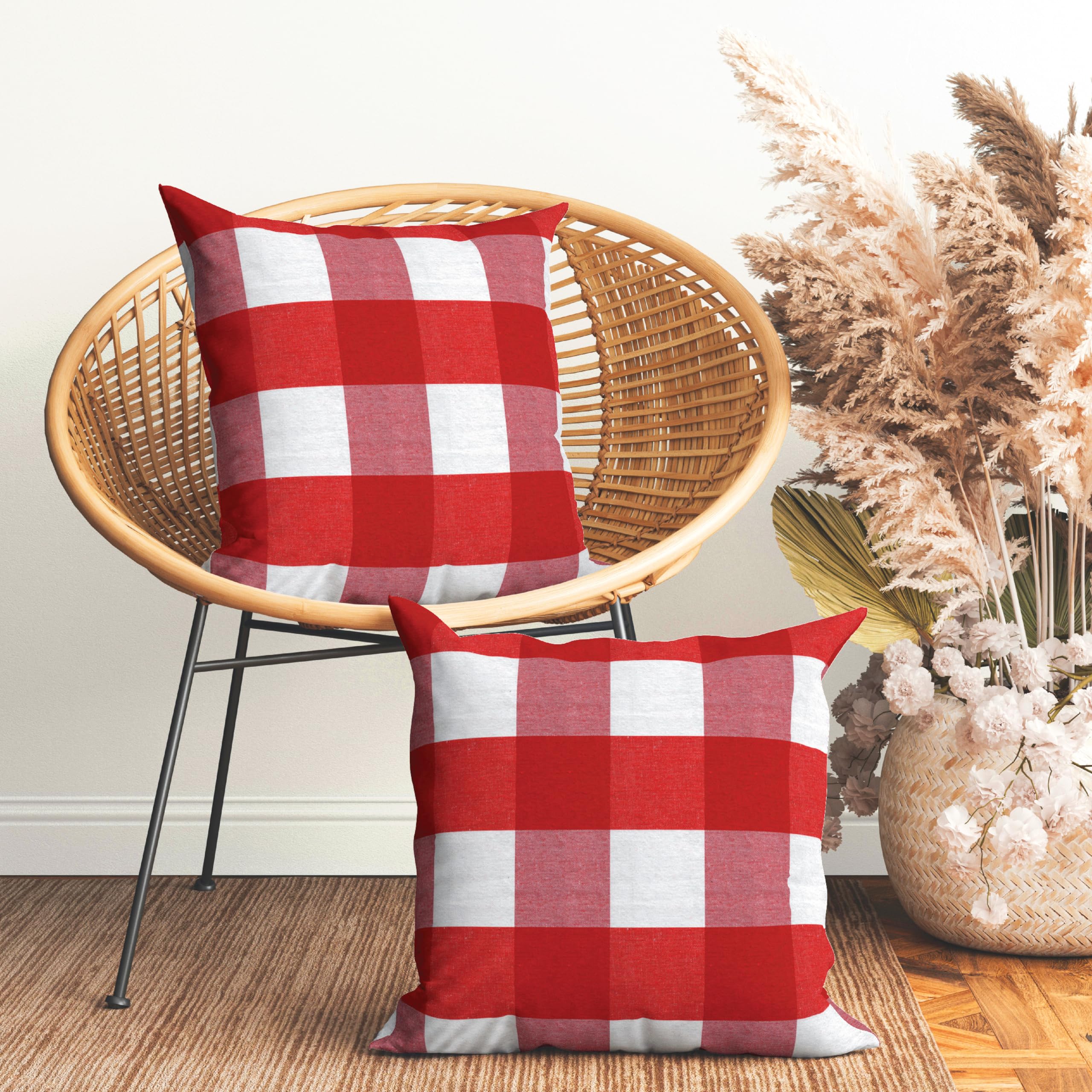 Encasa XO Farmhouse Throw Pillow Covers Set of 2 - 18x18 Inch Buffalo Check Red Plaid Cushion Covers | No Insert | Decorative Square Pillow Cases for Sofa, Living Room, Bedroom | Cozy Farmhouse Style Home Decor for Fall & Winter Seasons