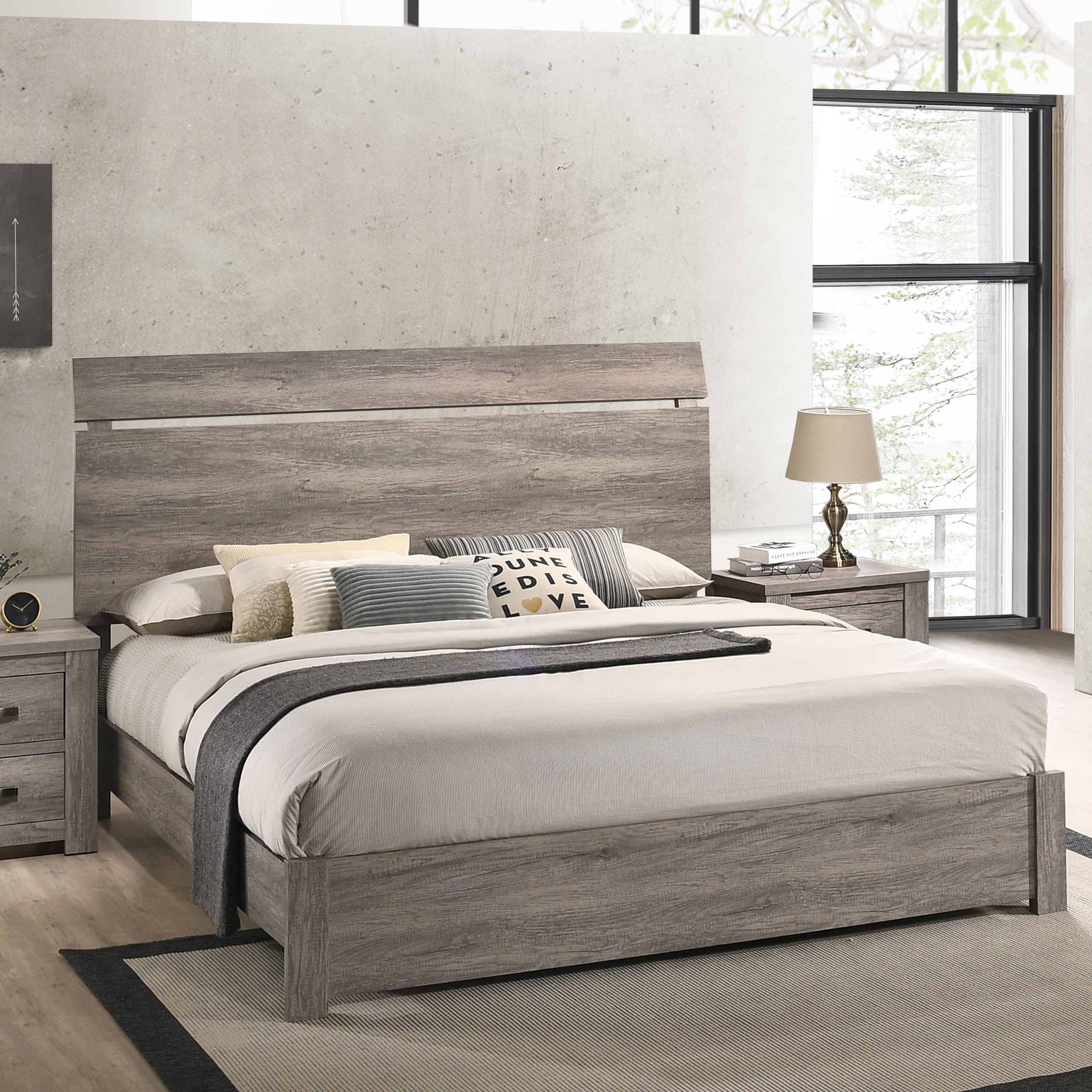 Floren Contemporary Weathered Gray Wood Panel Bed - Queen Size Modern Farmhouse Bed Frame with Headboard - Perfect for Master Bedroom, Guest Room & Rustic Home Decor