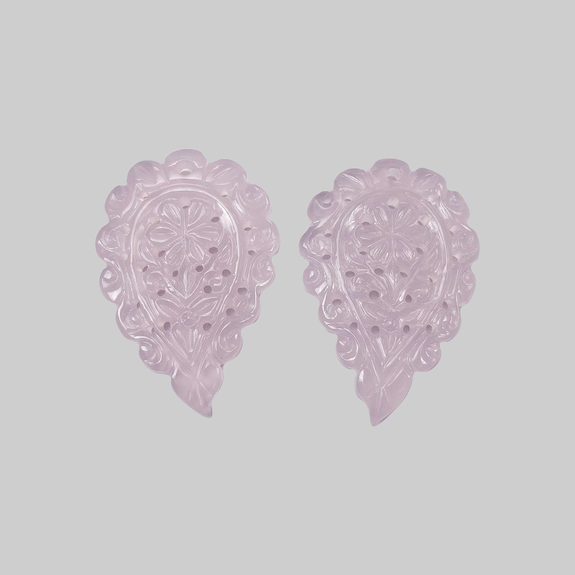 Natural Pink Chalcedony Gemstone Carving - 50.60cts Untreated Hand-Carved Indian Leaf Design (37x25mm) Pair for Jewelry Making, Meditation & Spiritual Healing | Perfect for Necklaces, Bracelets & Home Decor