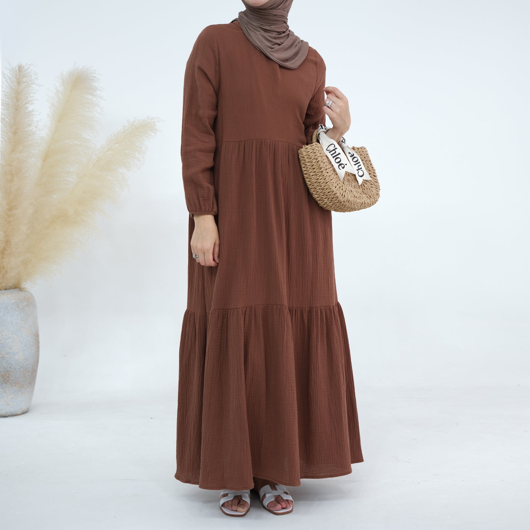 Long Sleeve Prairie Maxi Dress in Brown - Boho Chic Flowy Dress for Women, Perfect for Fall Weddings, Date Nights & Casual Outings