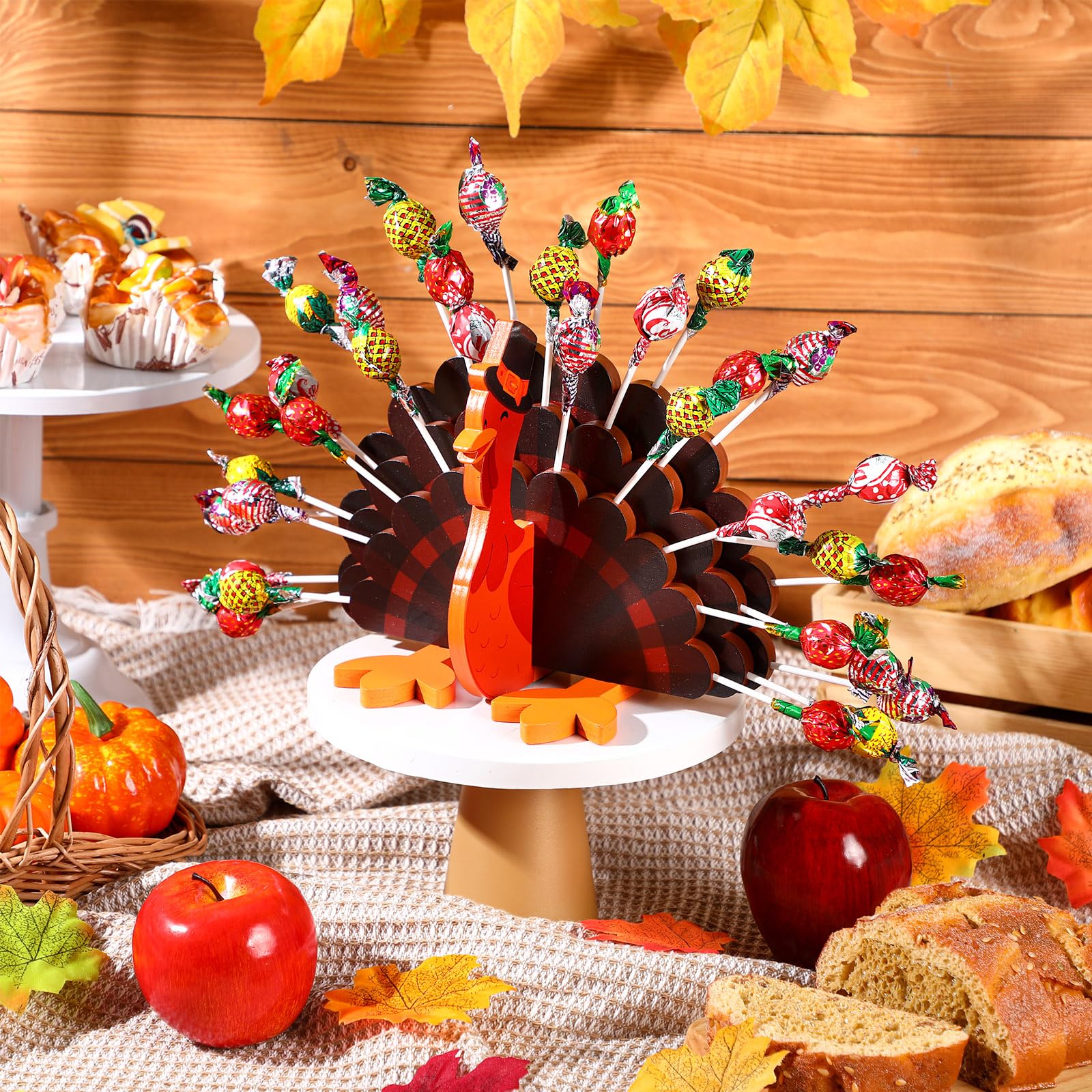 33 Hole Wooden Turkey Lollipop Holder - Thanksgiving Candy Dish Display for Table Decor, Fall Autumn Halloween Centerpiece | Perfect for Holiday Parties, Dessert Tables & Seasonal Home Decoration