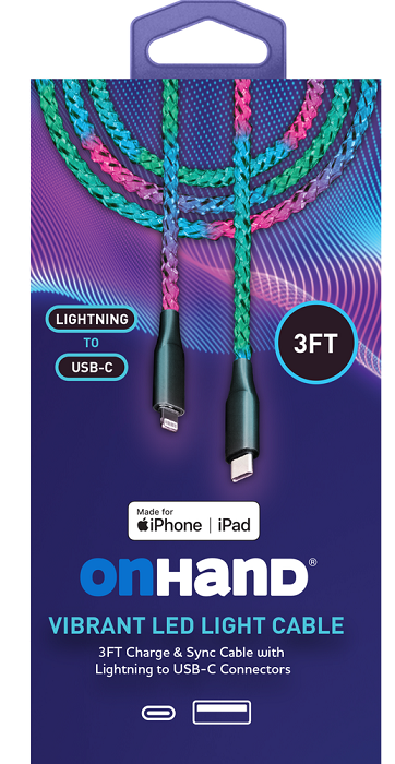 OnHand Vibrant LED 3ft Charging & Syncing Cable for iPhone iPad - Fast Charging, Data Transfer, Night Use, Travel Essential
