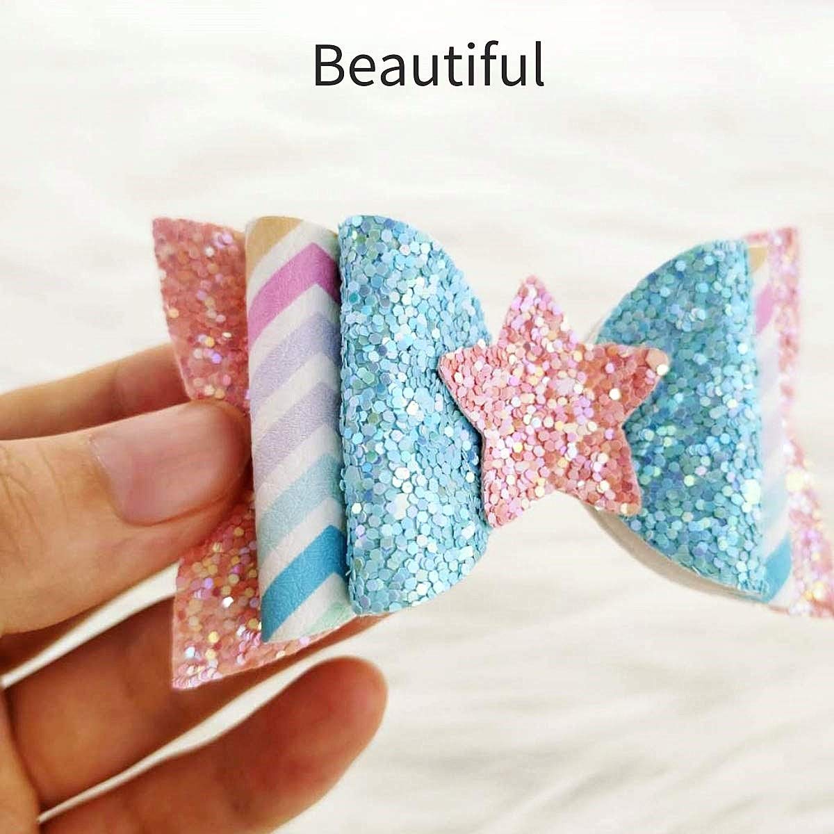 AOUXSEEM DIY Faux Leather Hair Bows Kit - 20 Pre-Cut Pieces with Hair Clips for Girls, Women & Ladies - Medium Rainbow Style Fashion Accessories for Parties, Weddings & Daily Wear