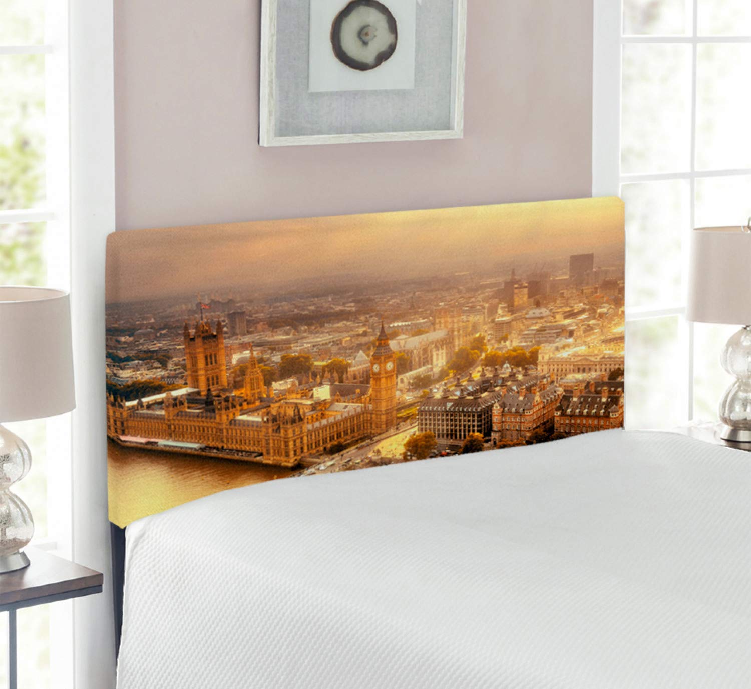 Ambesonne Cityscape Upholstered Headboard - Westminster Aerial View of Thames River & London Urban Panorama - Decorative Metal Bed Headboard with Memory Foam - Twin Size Multicolor - Perfect for Bedroom Decor & Urban Theme Interiors
