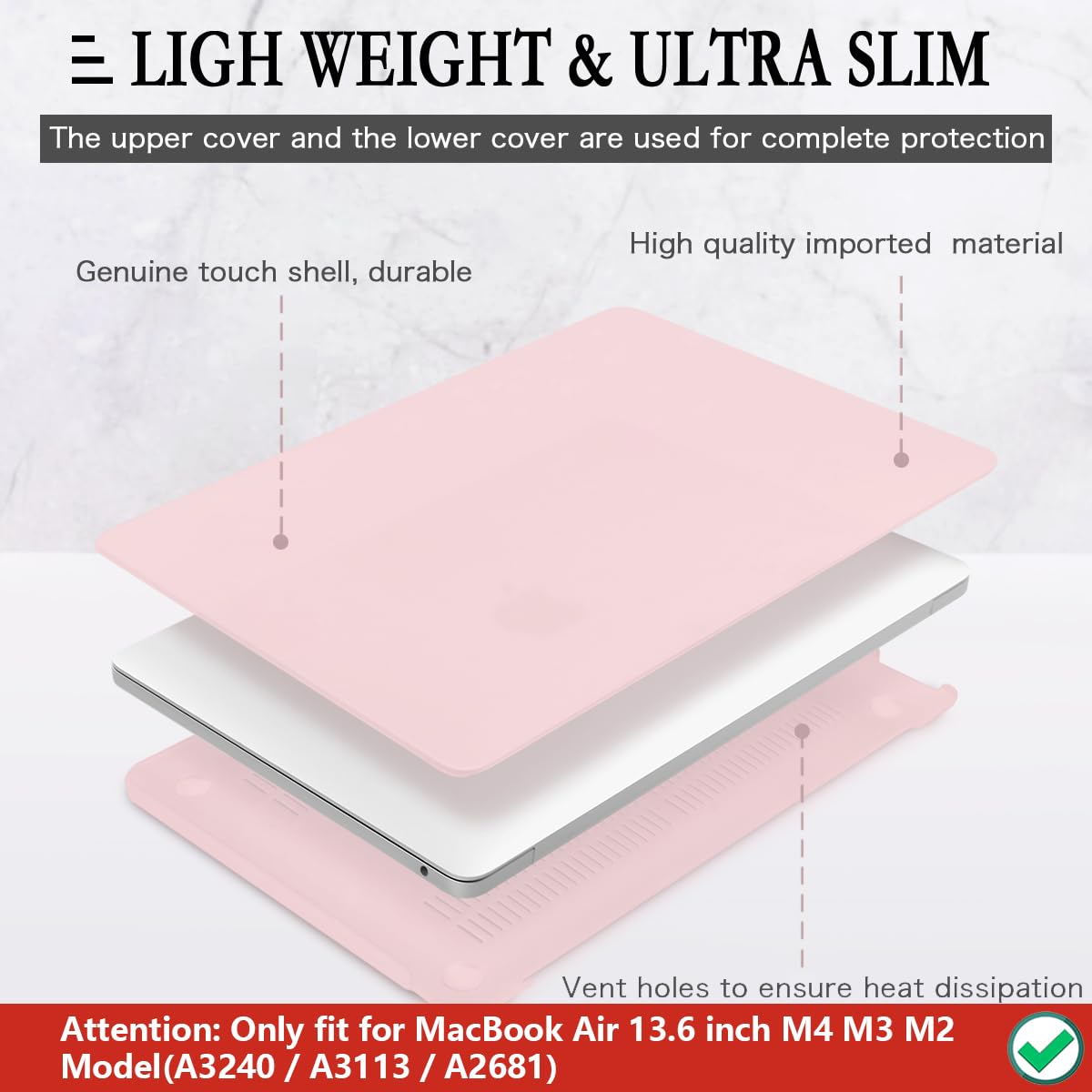 CISSOOK MacBook Air 13.6 Case for M4/M3/M2 Models (2022-2025) - Hard Plastic Shell with Keyboard Cover & USB Adapter - Compatible with A3240/A3113/A2681 - Baby Pink | Perfect for Work, Travel & School Protection