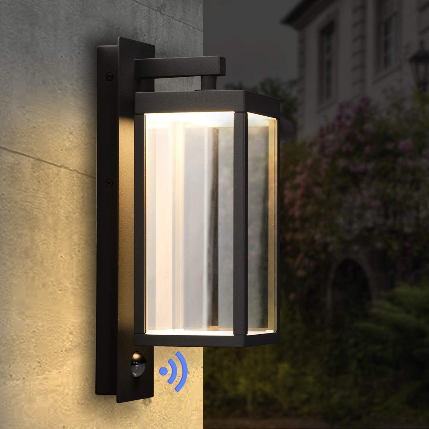 2-Pack Outdoor Wall Sconce with PIR Motion Sensor - IP54 Waterproof LED Wall Light Fixture, 13W 750Lm 3000K Warm White - Modern Grey Exterior Lantern for Porch, Entryway, Garage & Garden Security Lighting