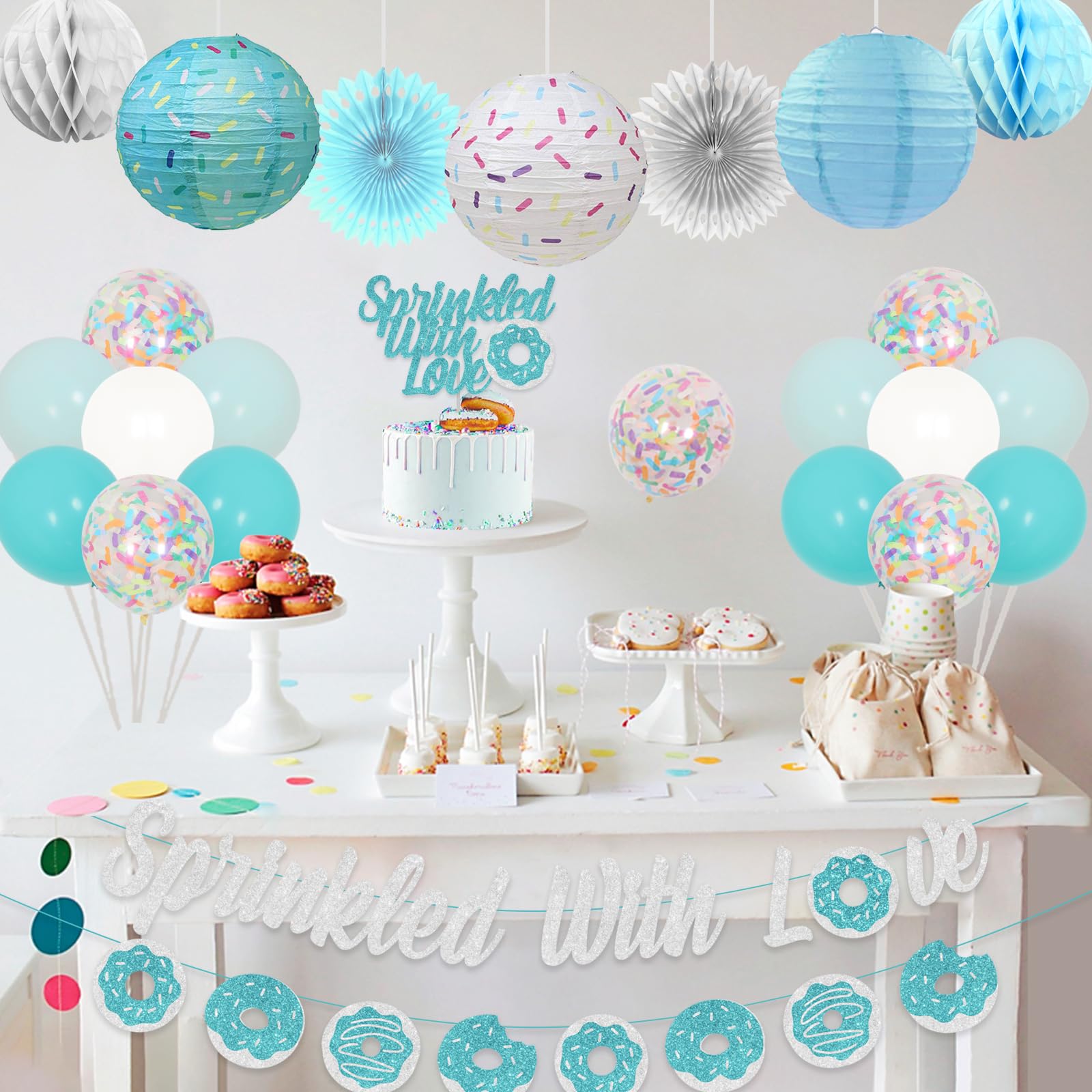 Blue Sprinkle with Love Baby Shower Decorations Set - Donut Banner, Flags, Lanterns & Honeycomb Balloons for Boy's Birthday Party | Cake Topper & Party Supplies for Gender Reveal, Nursery Decor