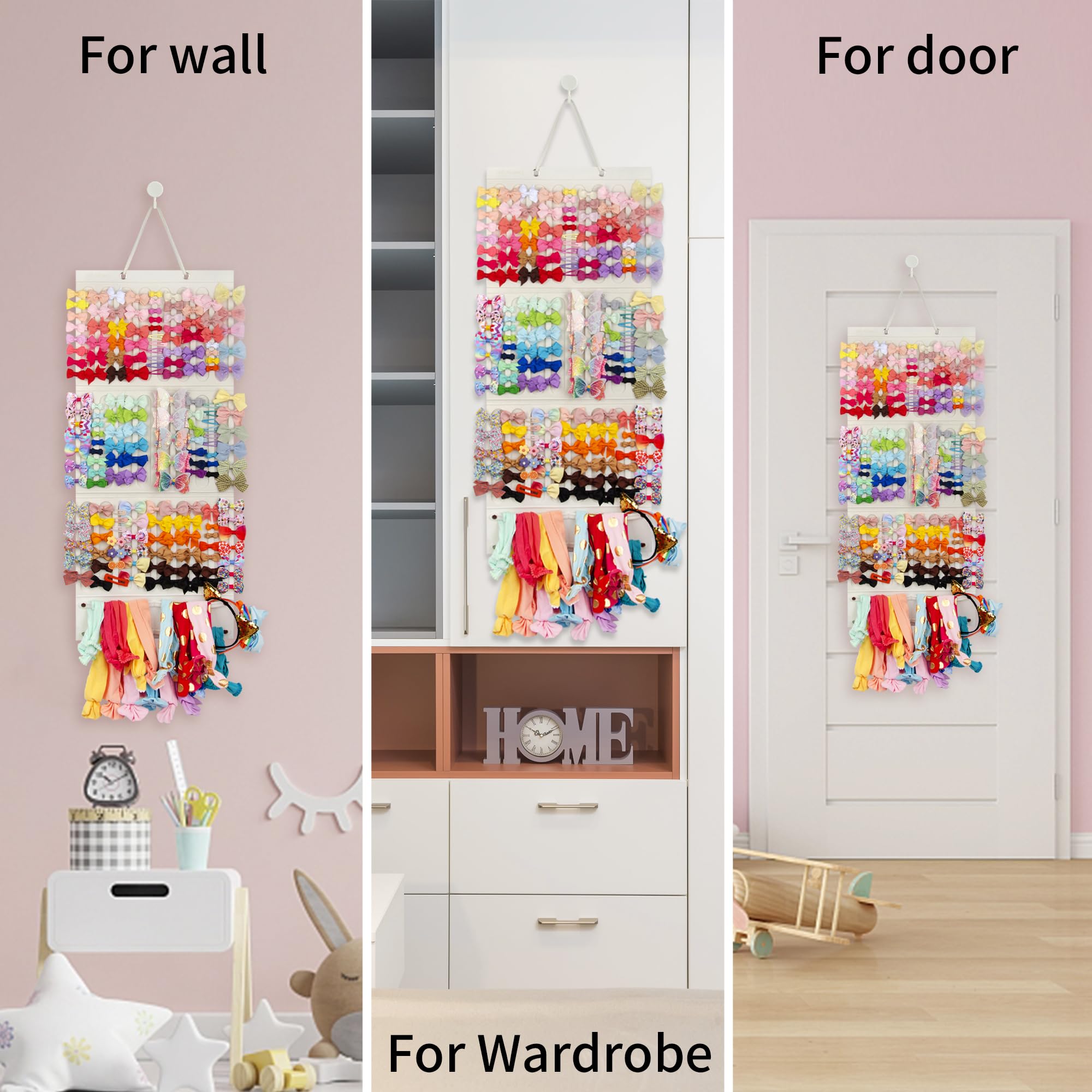 Girls Bow Holder Organizer - Hanging Hair Accessories Storage for Headbands, Hair Clips, Hair Ties, Scrunchies (Beige) | Perfect for Bedroom, Bathroom & Closet Organization