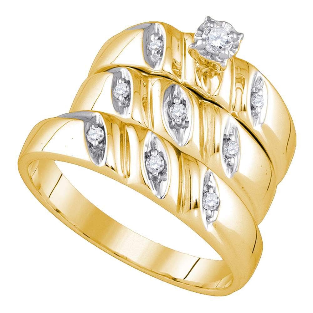 925 Sterling Silver His and Hers Matching Wedding Band Set - Round Diamond Solitaire Engagement Rings (1/5 Ct) - Yellow-Tone Bridal Jewelry for Couples - Perfect for Anniversaries, Proposals & Romantic Gifts