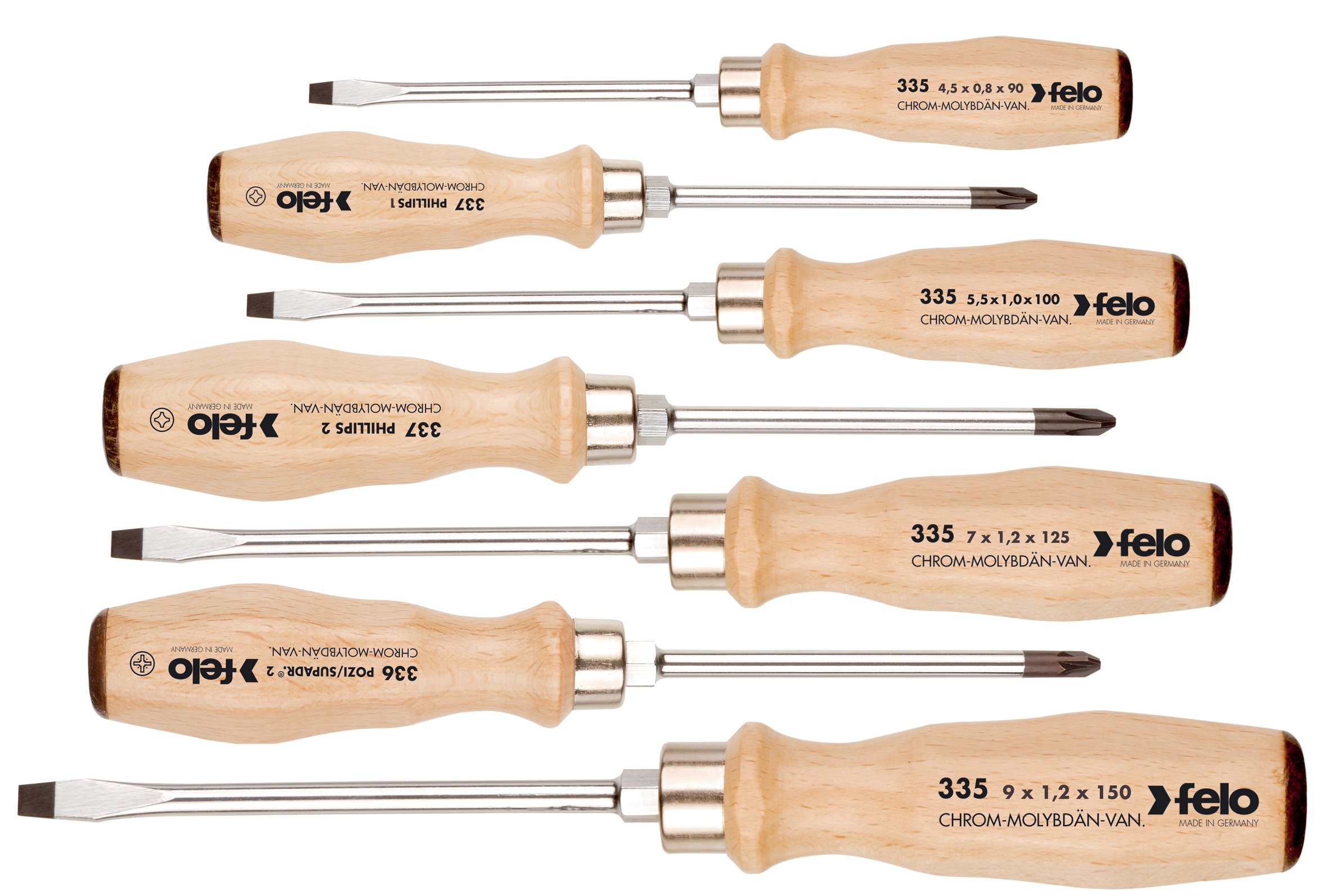 Premium Felo 18108 7-Piece Wooden Handle Screwdriver Set - Slotted, Phillips & Pozidriv Bits for Home Repair, DIY Projects & Professional Use