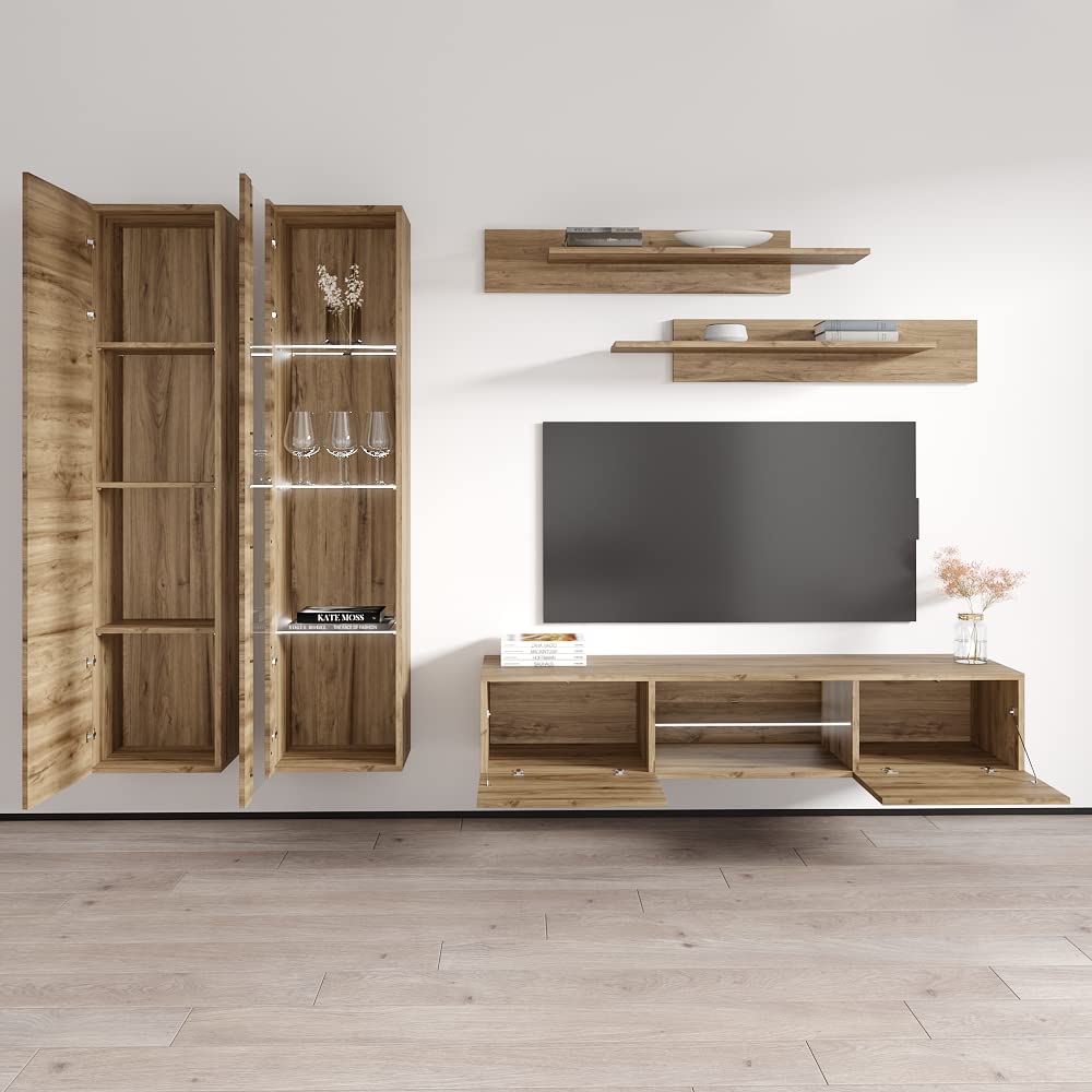 Modern Floating TV Stand with Storage & LED Lights - Wall-Mounted Entertainment Center for Bedroom & Living Room - A4 33TV Console with Shelves - Oak Wood Furniture for Small Spaces & Home Theater Setup