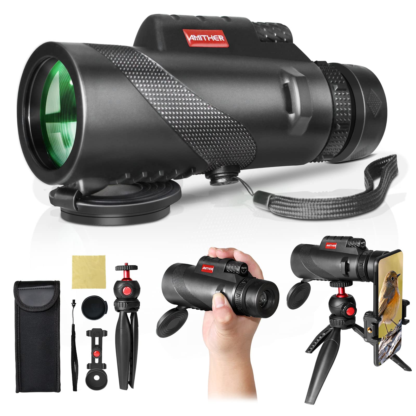 80x100 HD Monocular Telescope for Smartphones - High Power Zoom with Tripod & Phone Adapter - Low Light Vision for Adults - Perfect for Wildlife Watching, Birding, Hunting, Hiking & Outdoor Adventures
