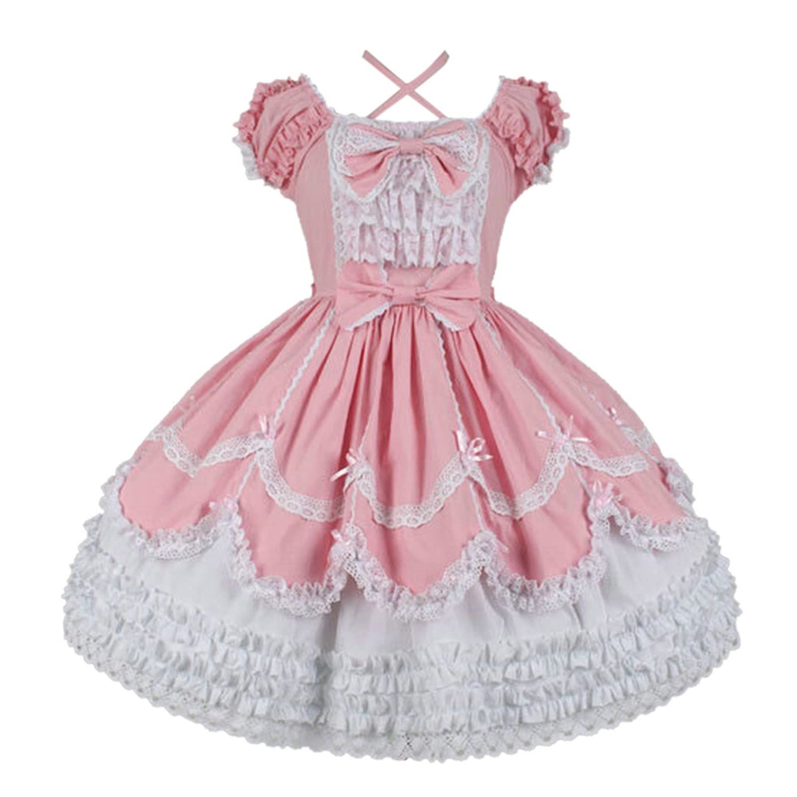 Vintage Patchwork Short Sleeve Gothic Lace Dress for Women - Elegant Bow Detail Knit Casual Dress | Perfect for Summer Outfits, Boho Parties & Retro Fashion Looks
