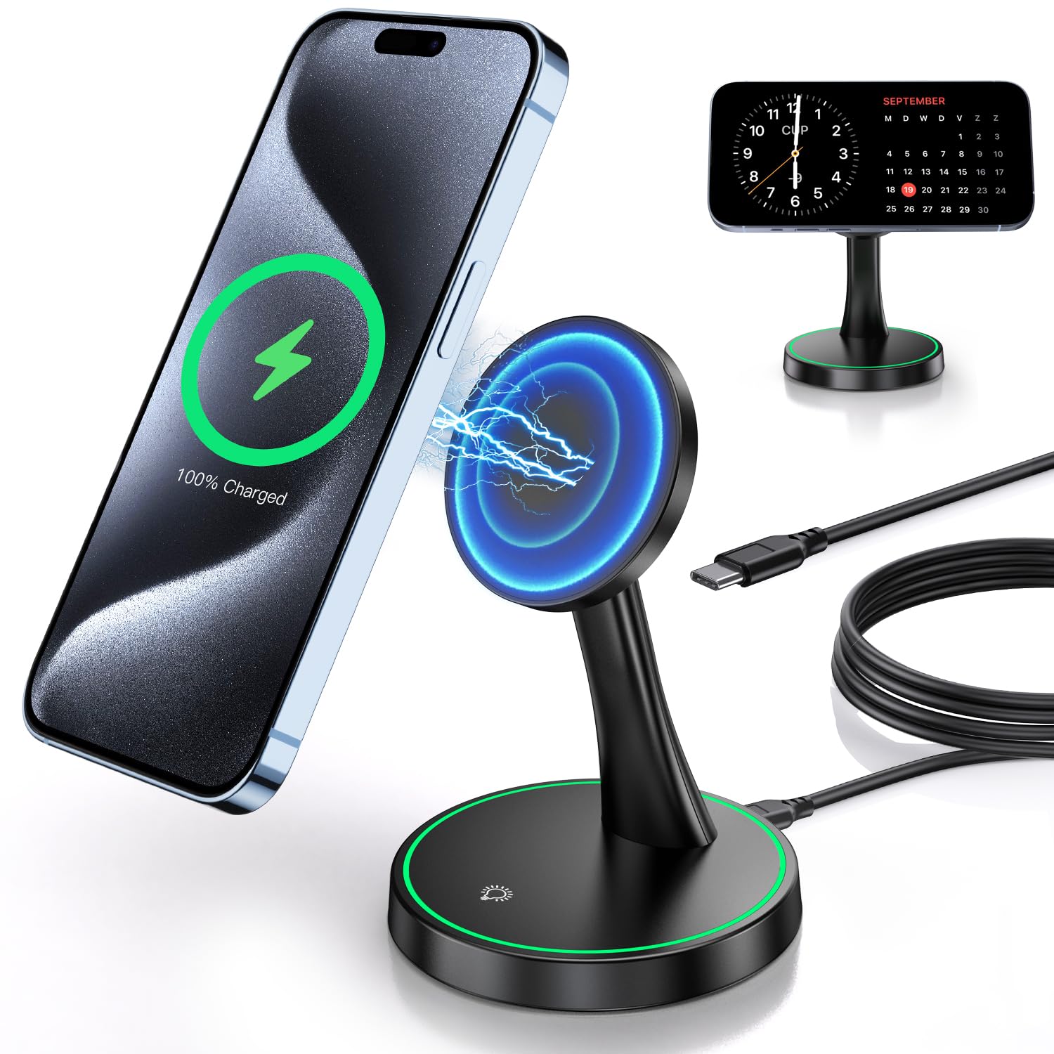15W Fast Magnetic Wireless Charger Stand - Mag-Safe Compatible for iPhone 16/16 Pro/16 Plus/16 Pro Max/15/14/13/12 Series & AirPods - Sleep-Friendly Night Light - Perfect for Bedside, Office Desk & Travel Charging