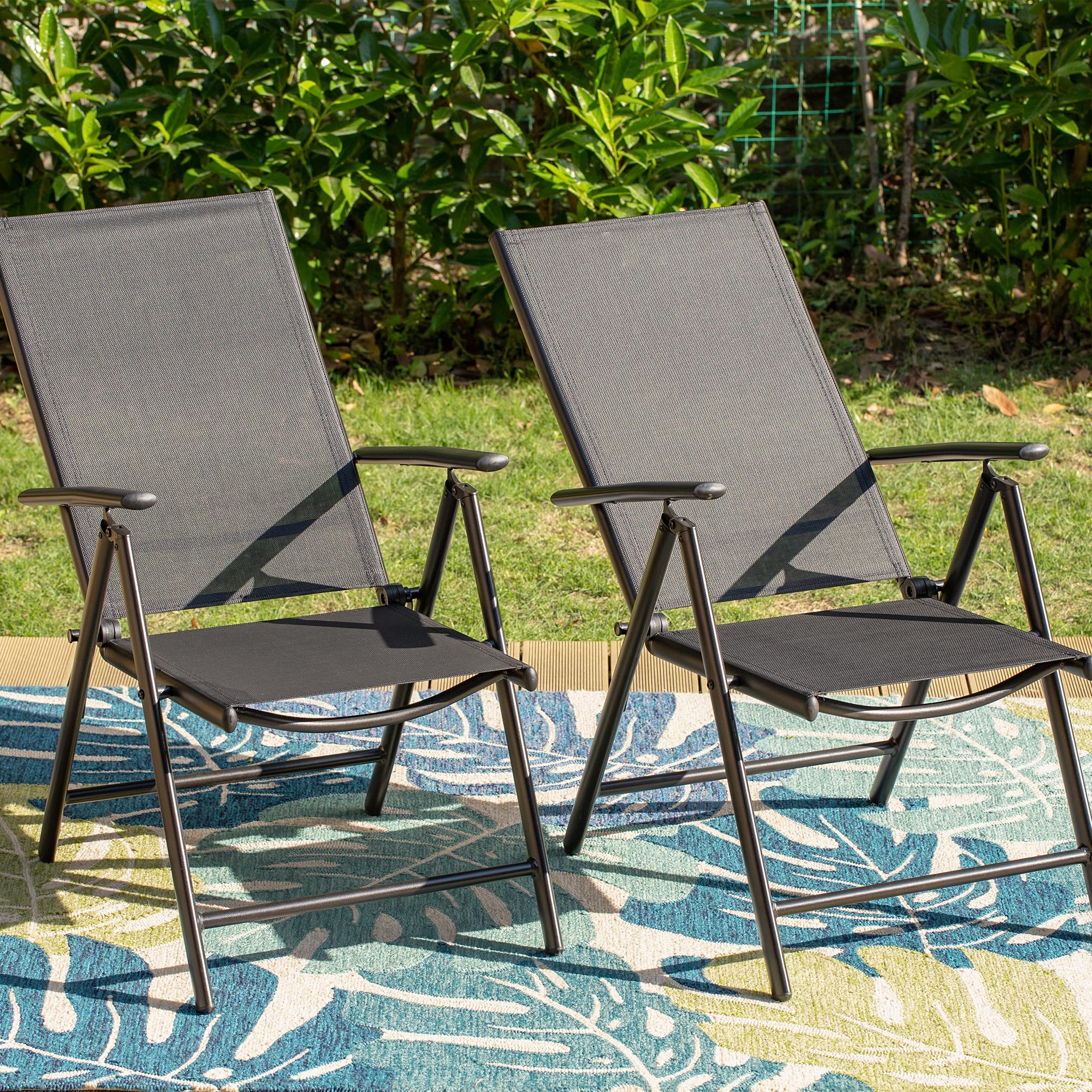 7-Piece Outdoor Patio Dining Set with 13ft Navy Blue Umbrella - 6 Folding Chairs & Rectangular Metal Table - Perfect for Backyard, Garden, Poolside & BBQ Gatherings