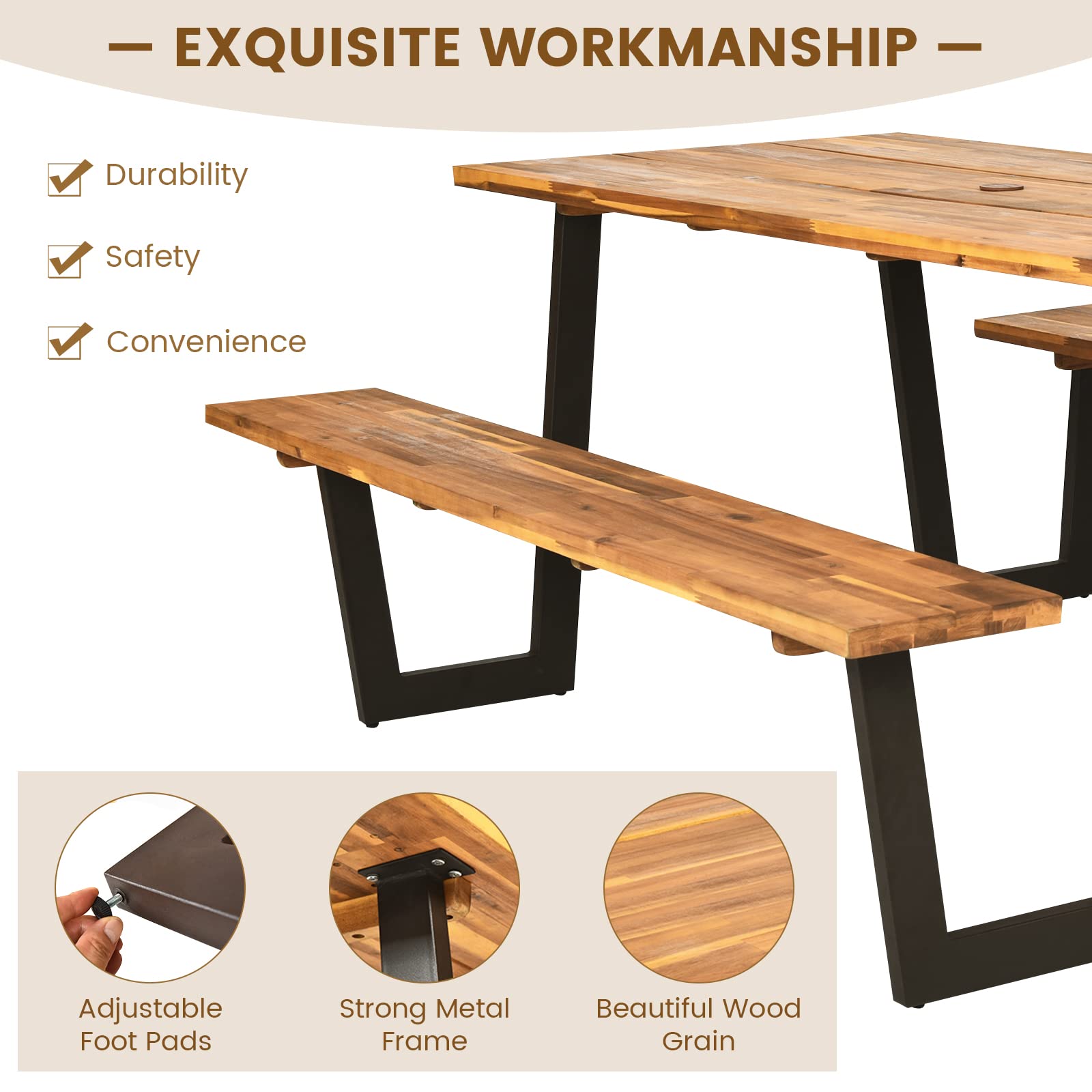 Tangkula 6-Person Acacia Wood Picnic Table Set with 2 Benches & Umbrella Hole - Weather-Resistant Outdoor Dining Table for Backyard, Garden, Patio, BBQ, Picnics & Parties - Steel Frame & Wood-Like Texture Tabletop