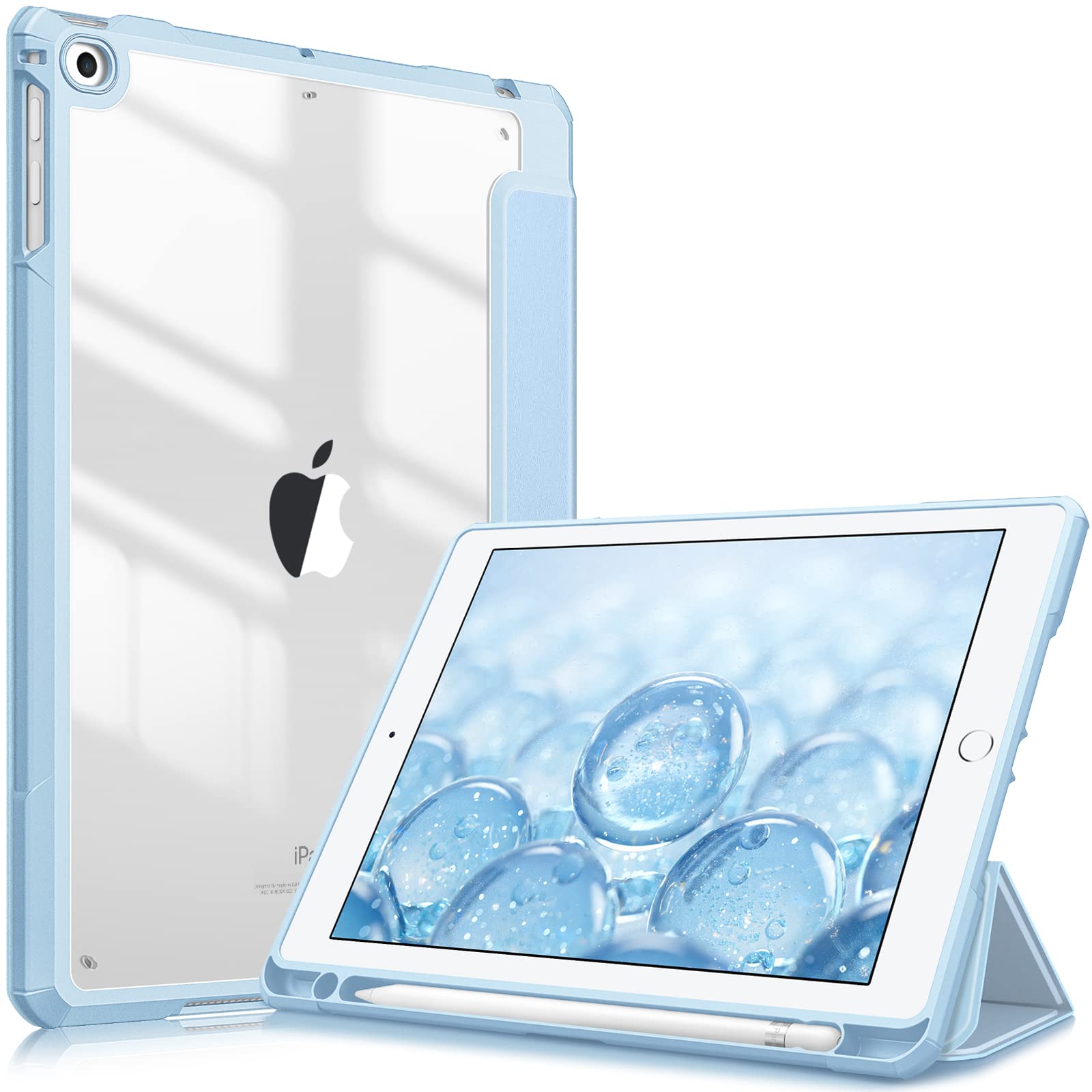 FINTIE Shockproof Hybrid Case for iPad 6th/5th Gen (2018/2017) & iPad Air 2/Air 1 (2014/2013) - 9.7 Inch Clear Hard Shell Protective Cover with Apple Pencil Holder, Sky Blue - Perfect for Work, School & Travel Protection