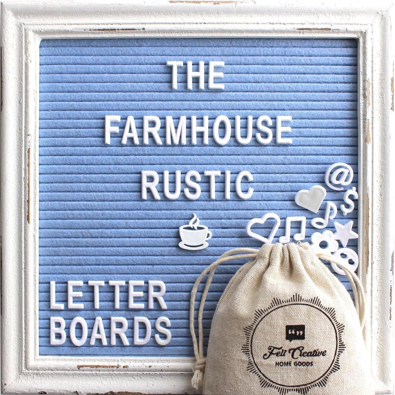 Blue Felt Letter Board with Rustic Wood White Frame - 10x10 Changeable Message Board for Baby Announcements, Rustic Farmhouse Decor - Includes 350 Letter Set & Stand - Perfect for Nursery Decor, Wedding Signs, and Home Office Organization