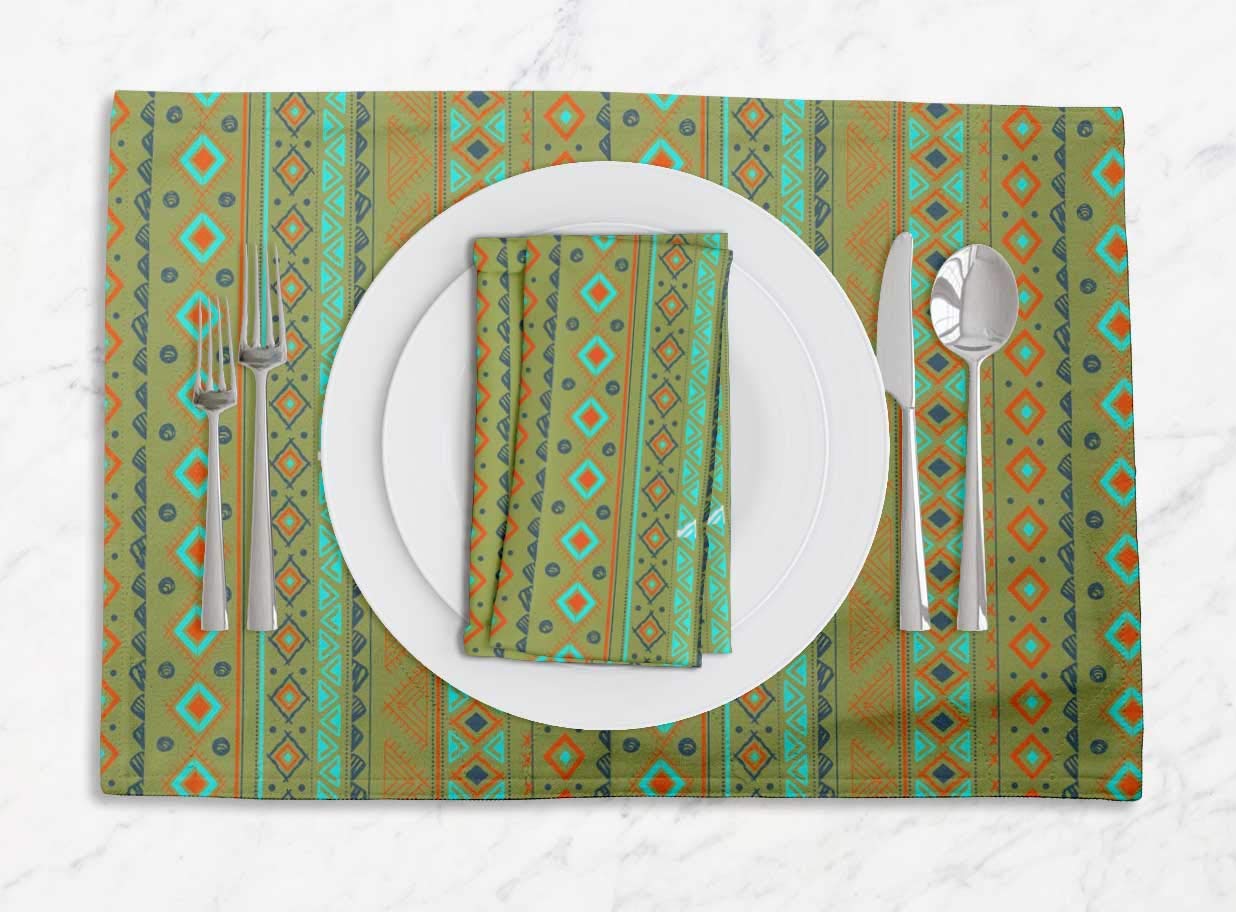 Stylish Aztec Geometric Printed Reversible Table Mats Set with Napkins - Washable Dining Table Decor for Kitchen, Dining Room & Outdoor Entertaining