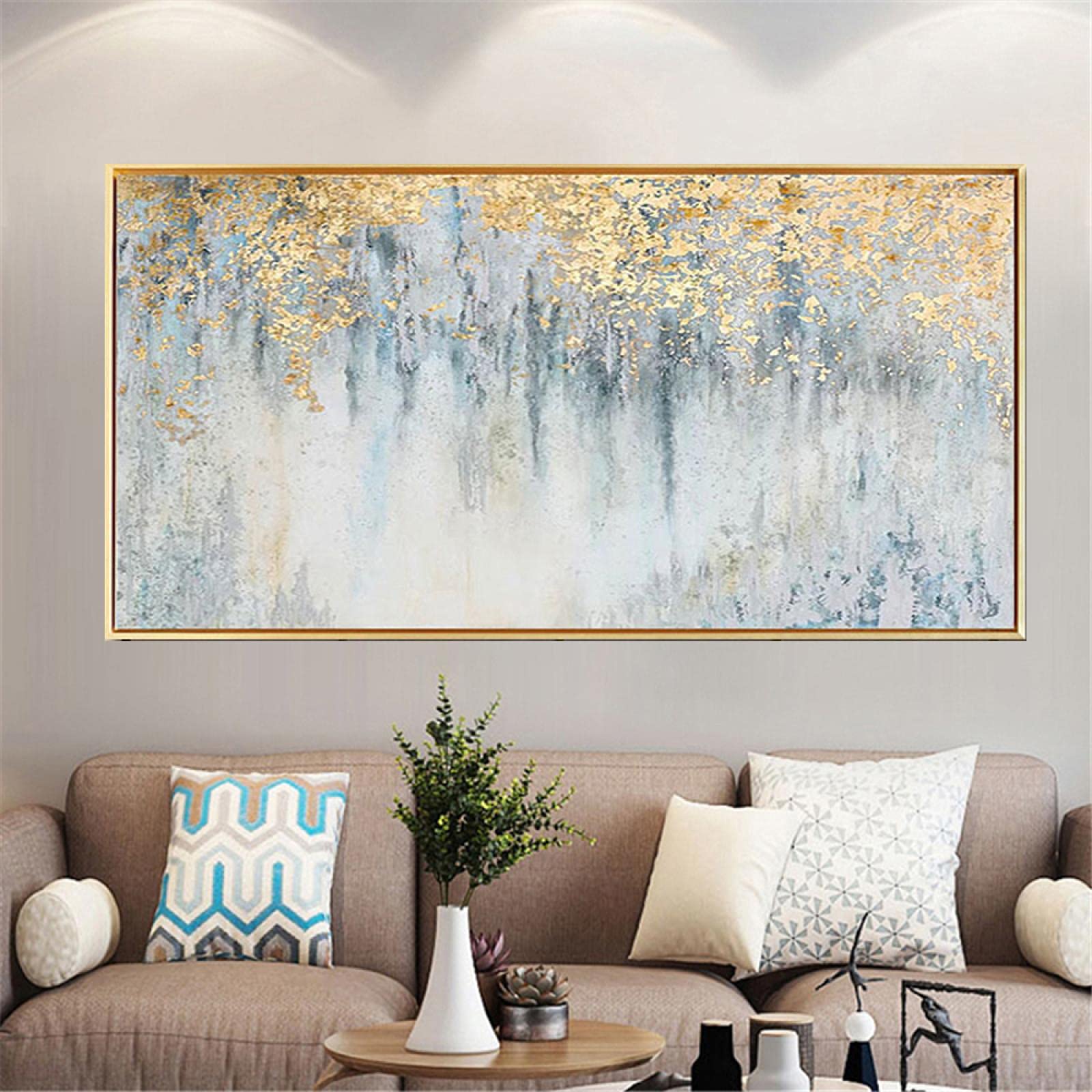 Large Hand-Painted Gold Foil Oil Painting on Canvas - Modern Decorative Wall Art 85x170cm (34x68in) with Frame - Perfect for Living Room, Bedroom & Office Decor