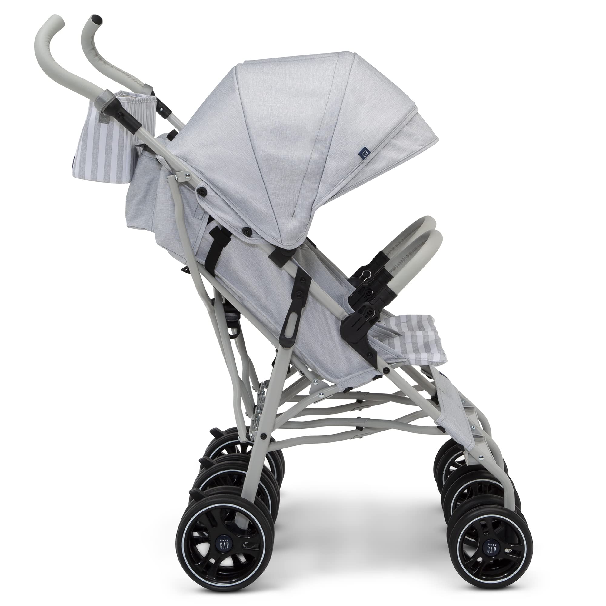 GAP babyGap Classic Side-by-Side Double Stroller - Lightweight Compact Foldable Stroller for Twins with Adjustable Recline, Extendable Sun Canopy & Eco-Friendly Materials - Perfect for Park Outings, Shopping & Travel - Grey Stripes