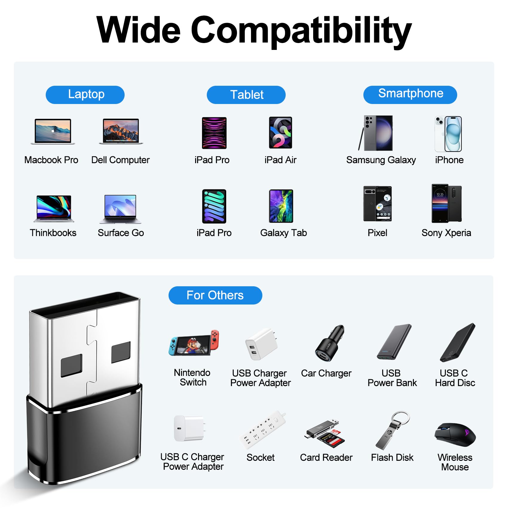 USB C to USB Adapter, Type-C Female to USB A Male OTG Converter for iPhone 16/15/14/13 Pro Max, Samsung Galaxy S24, Apple Watch Ultra 8/9/10, iPad, AirPods, Nintendo Switch - Fast Charging Car Charger for Travel & Home Use